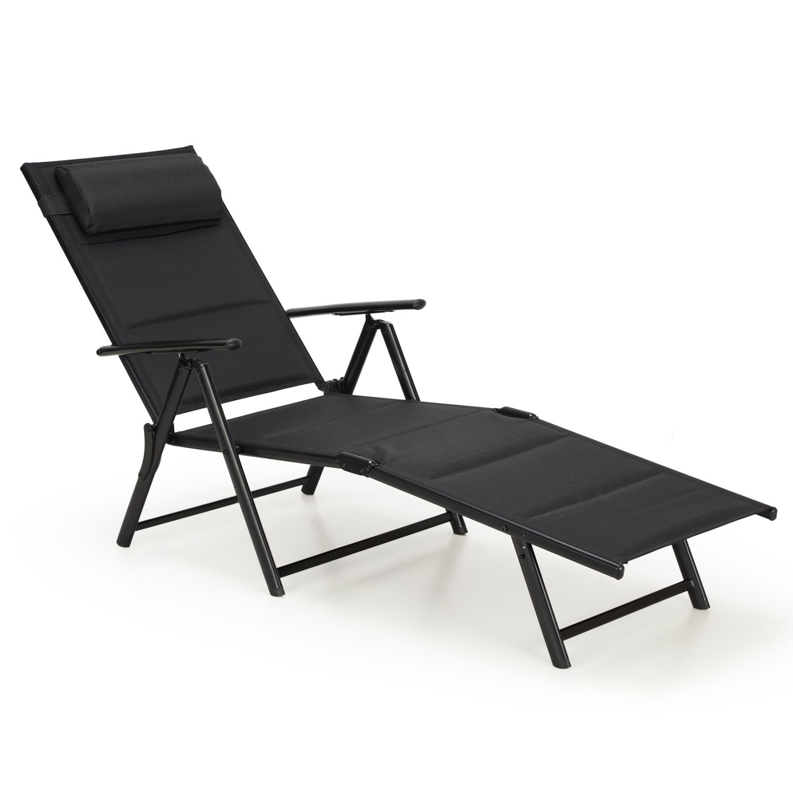 Outdoor Folding Lounge Chair with 7-Position Adjustable Backrest for Poolside, Black