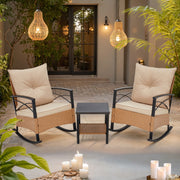 HOMREST 3-Piece Bistro Set: Outdoor Rattan Rocking Chairs with Cushions and Coffee Table