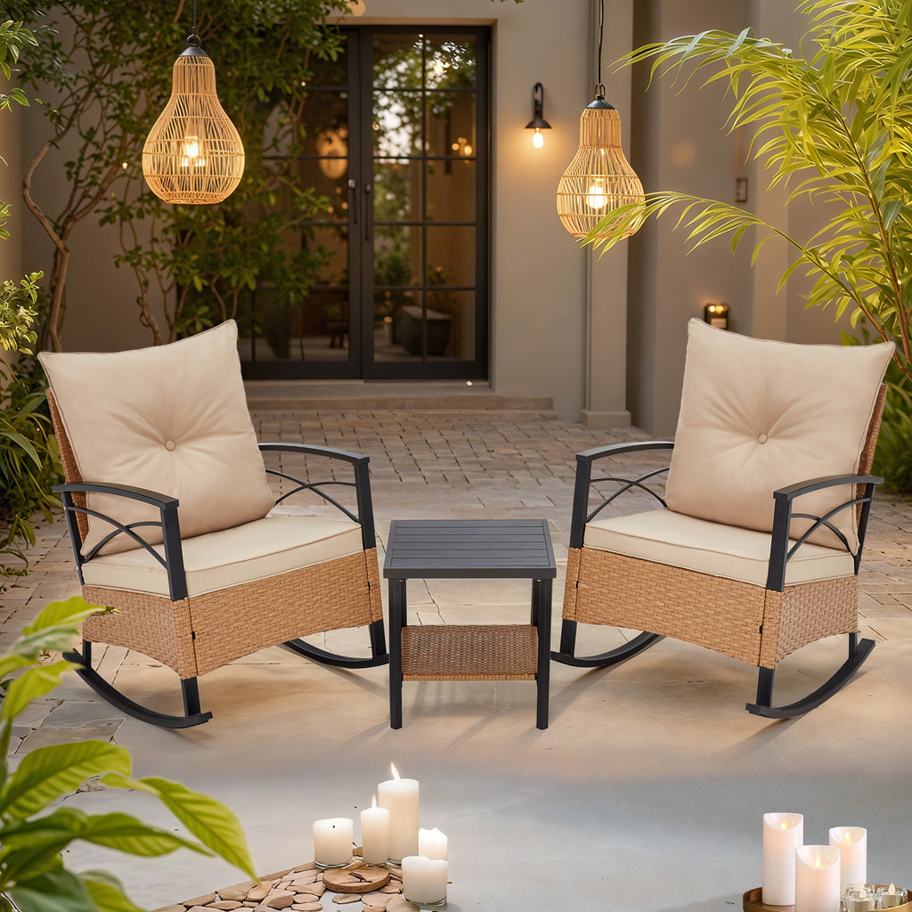 HOMREST 3-Piece Bistro Set: Outdoor Rattan Rocking Chairs with Cushions and Coffee Table