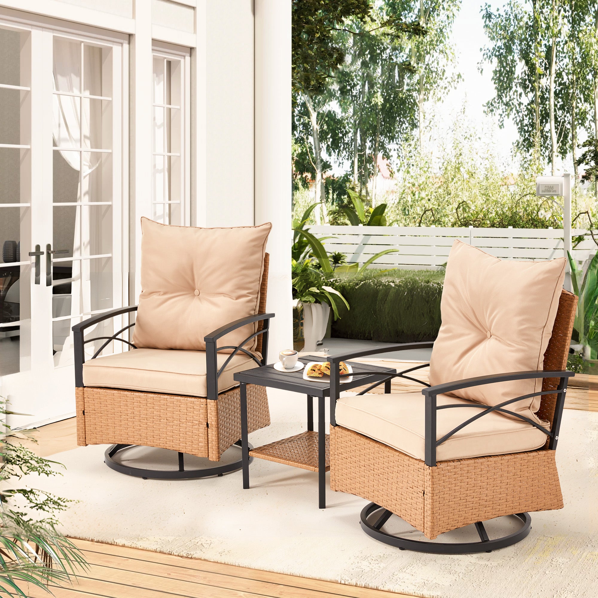 HOMREST 3-Piece Patio Swivel Rocker Set with Rattan Coffee Table, Beige