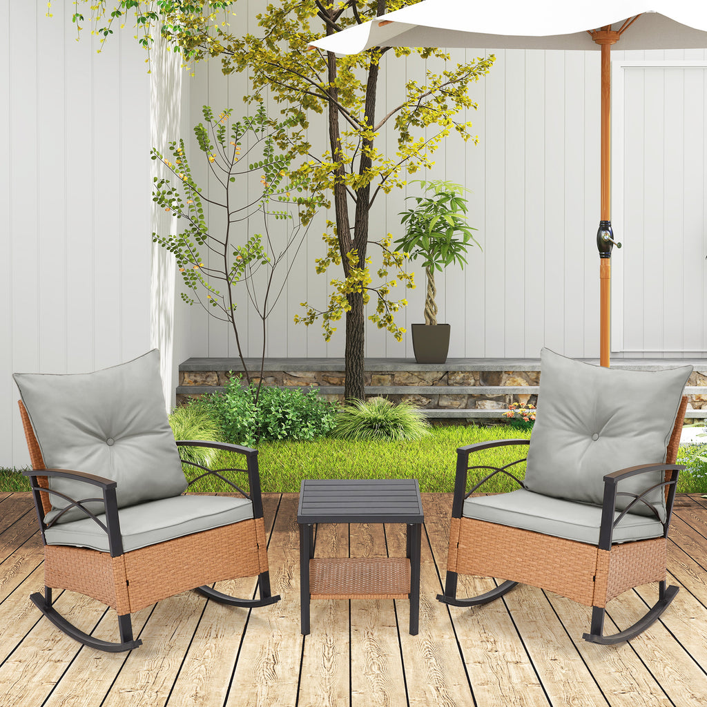 HOMREST 3-Piece Bistro Set: Outdoor Rattan Rocking Chairs with Cushions and Coffee Table