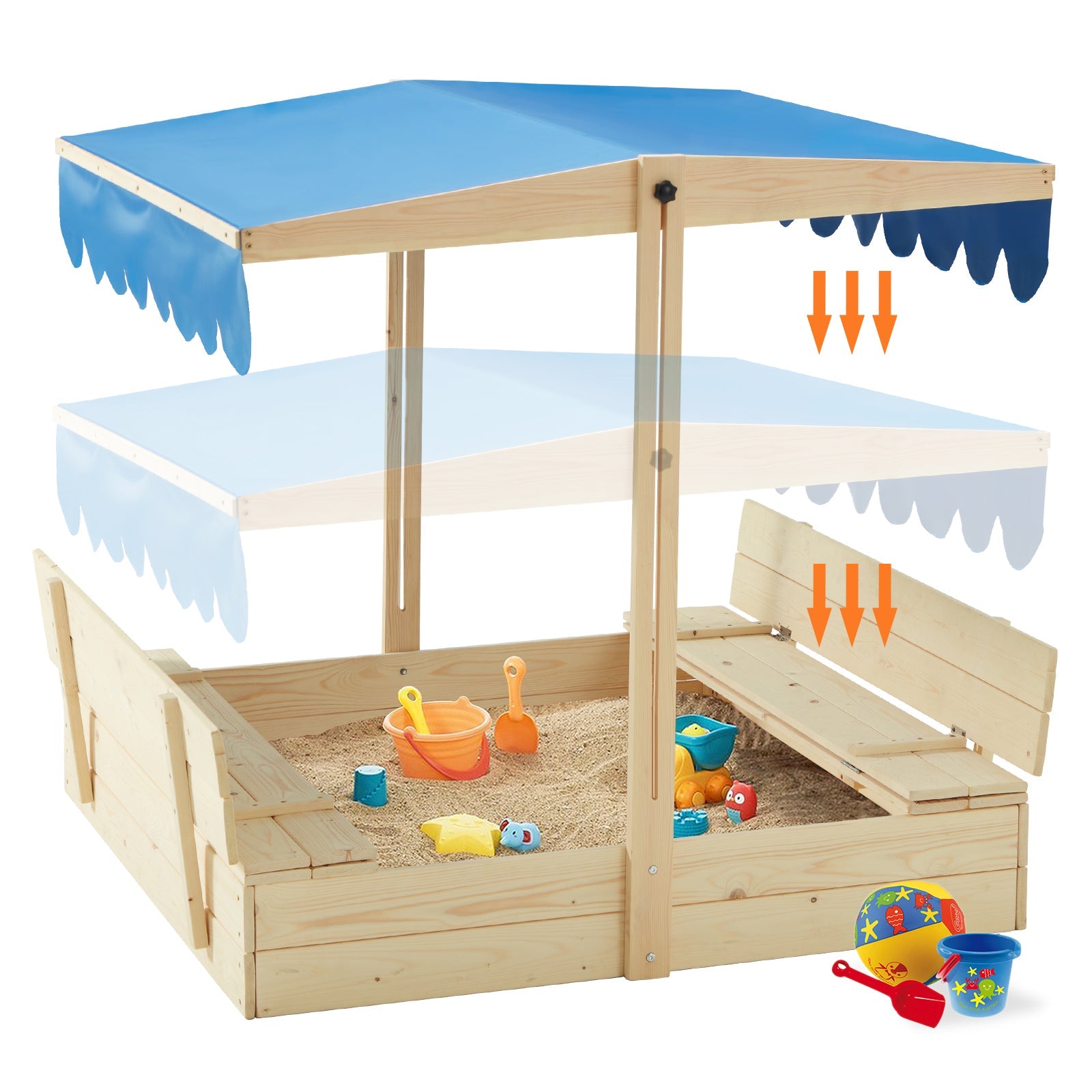 Homrest Kids Wooden Outdoor Sandbox with UV50 Sun/Sand Protection Liner Function Canopy, 2 Foldable Bench Seats, Height Adjustable Roof