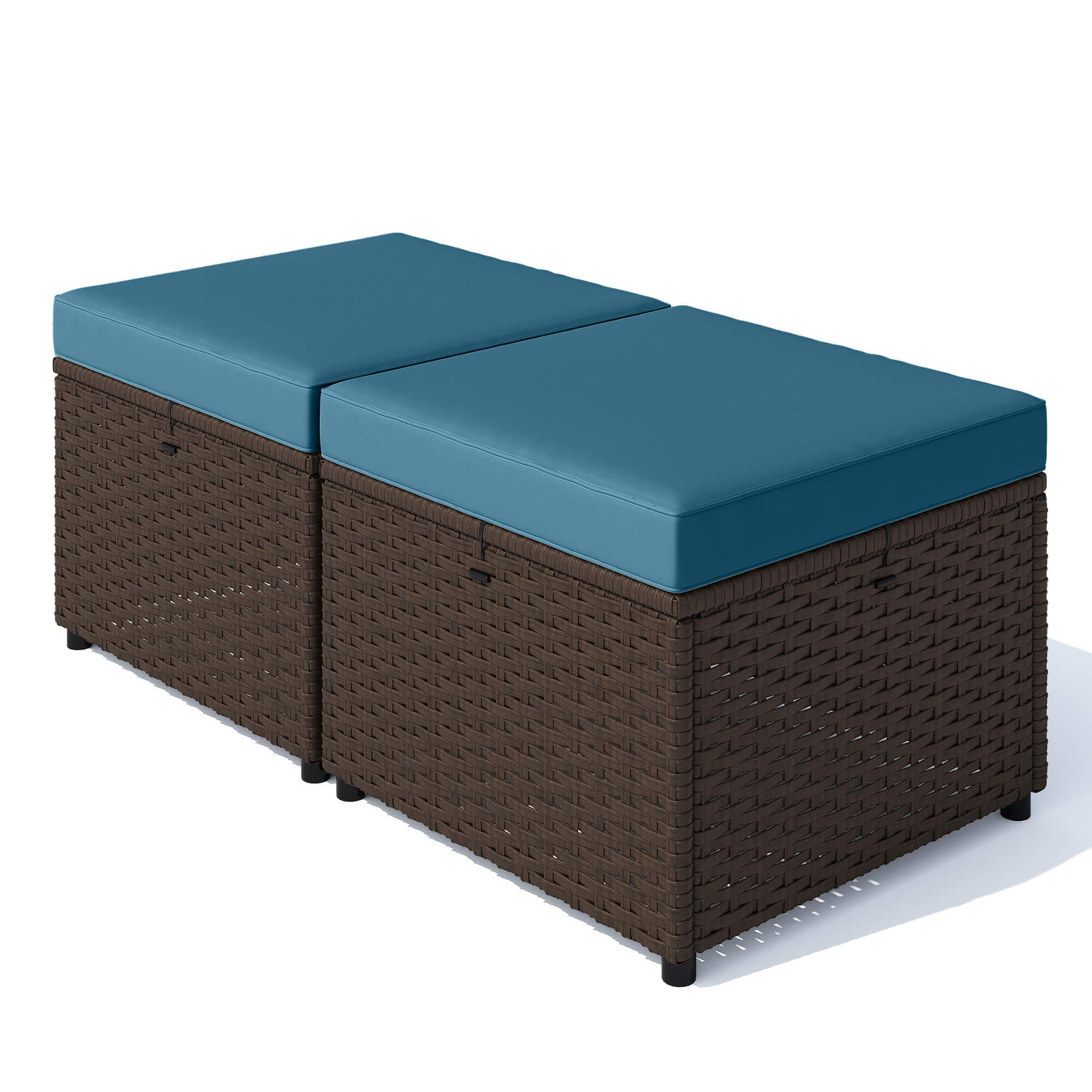 HOMREST 2 Piece All-Weather Outdoor Wicker Ottoman, Patio Footrest & Extra Seat with Thick Cushion (Turquoise)