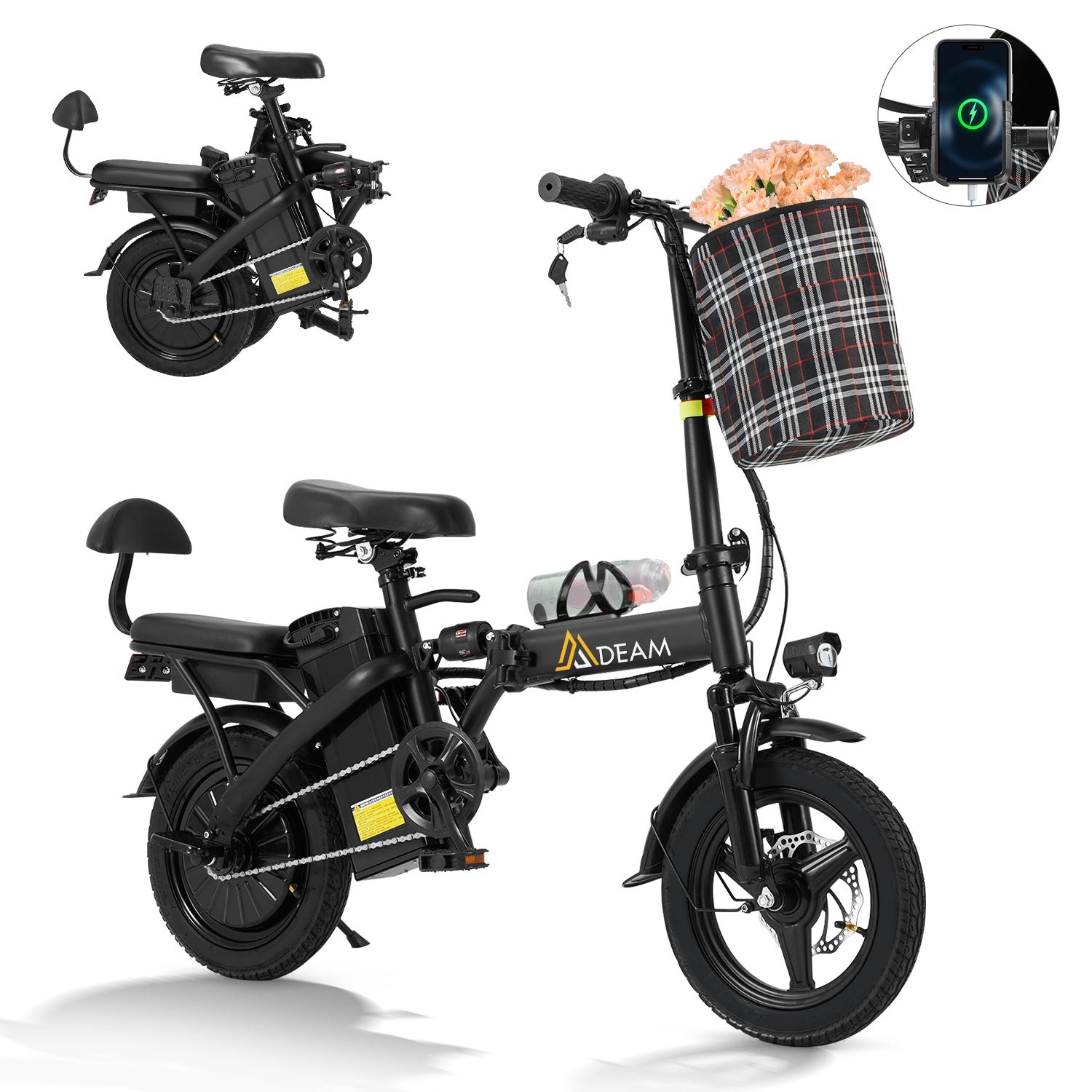 HOMREST Foldable Electric Bike, 2 Seat 14" Adults Ebike|500W |20MPH |30+Miles | Removable 48V 7.8Ah Battery,3 Riding Modes,Dual Disc Brakes, Black