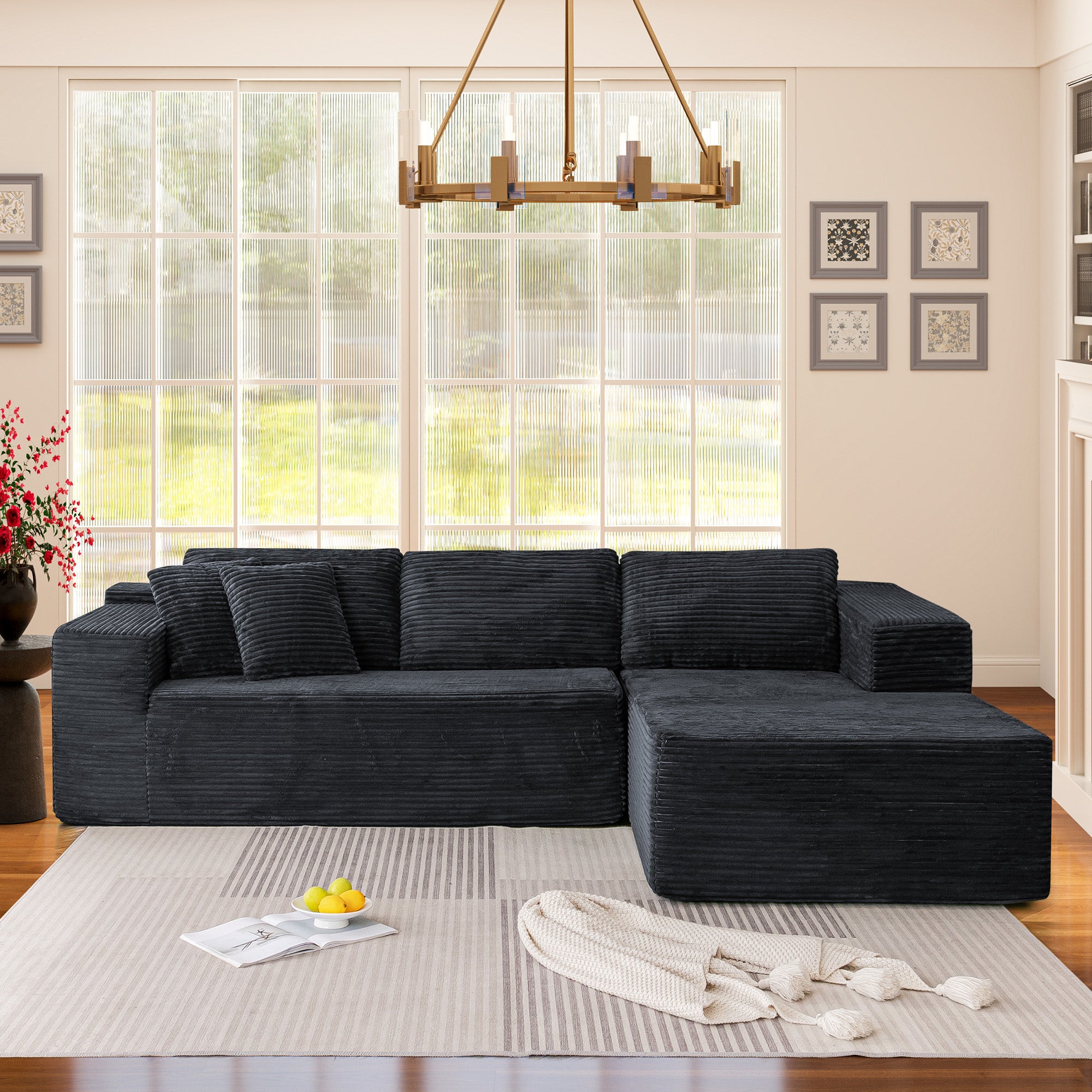 HOMREST 106" 2-Piece Cloud Sectional Sofa with Chaise Lounge, Corduroy Fabric Couch for Living Room, Black
