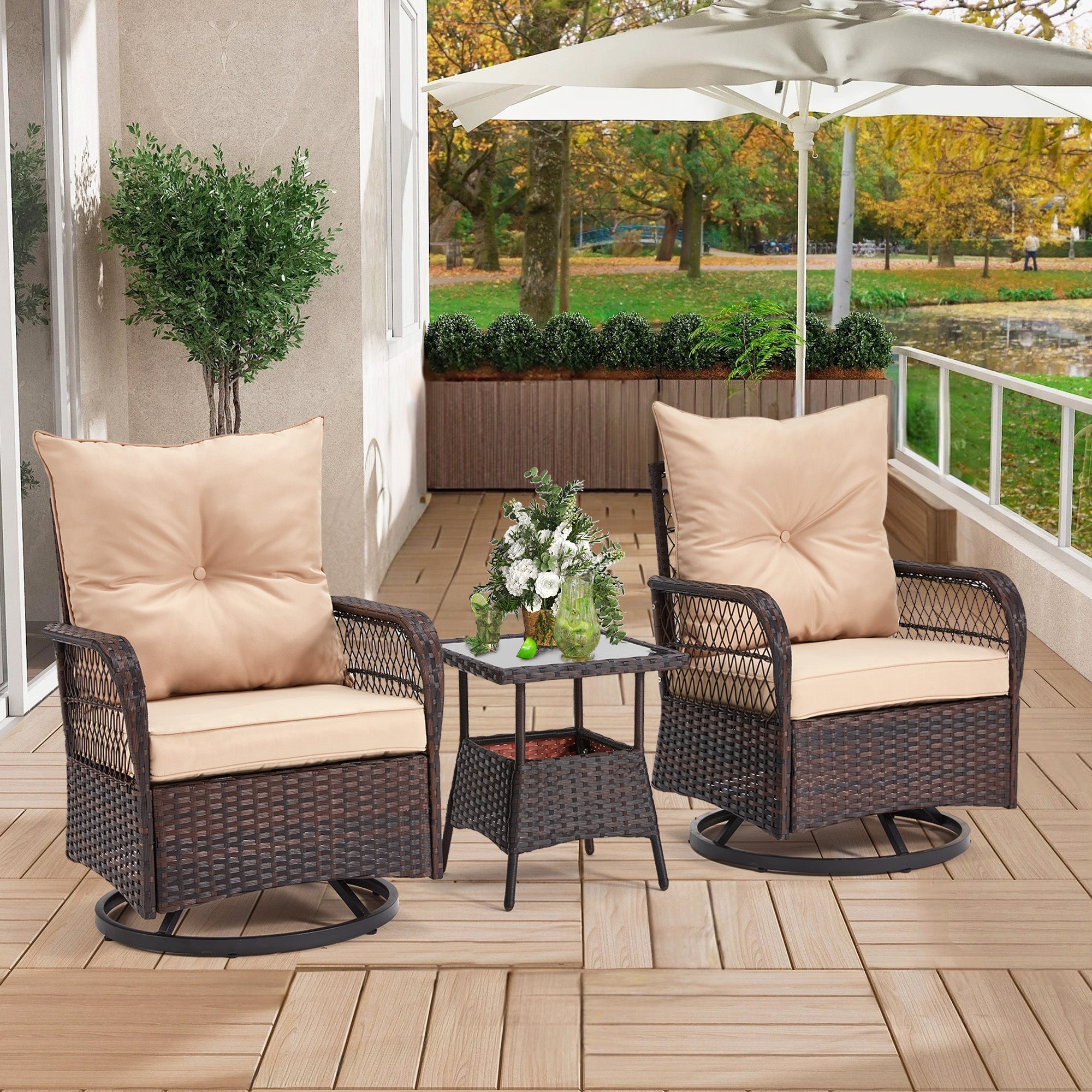 HOMREST 3-Piece Patio Swivel Rocker Set with Rattan Coffee Table, Beige