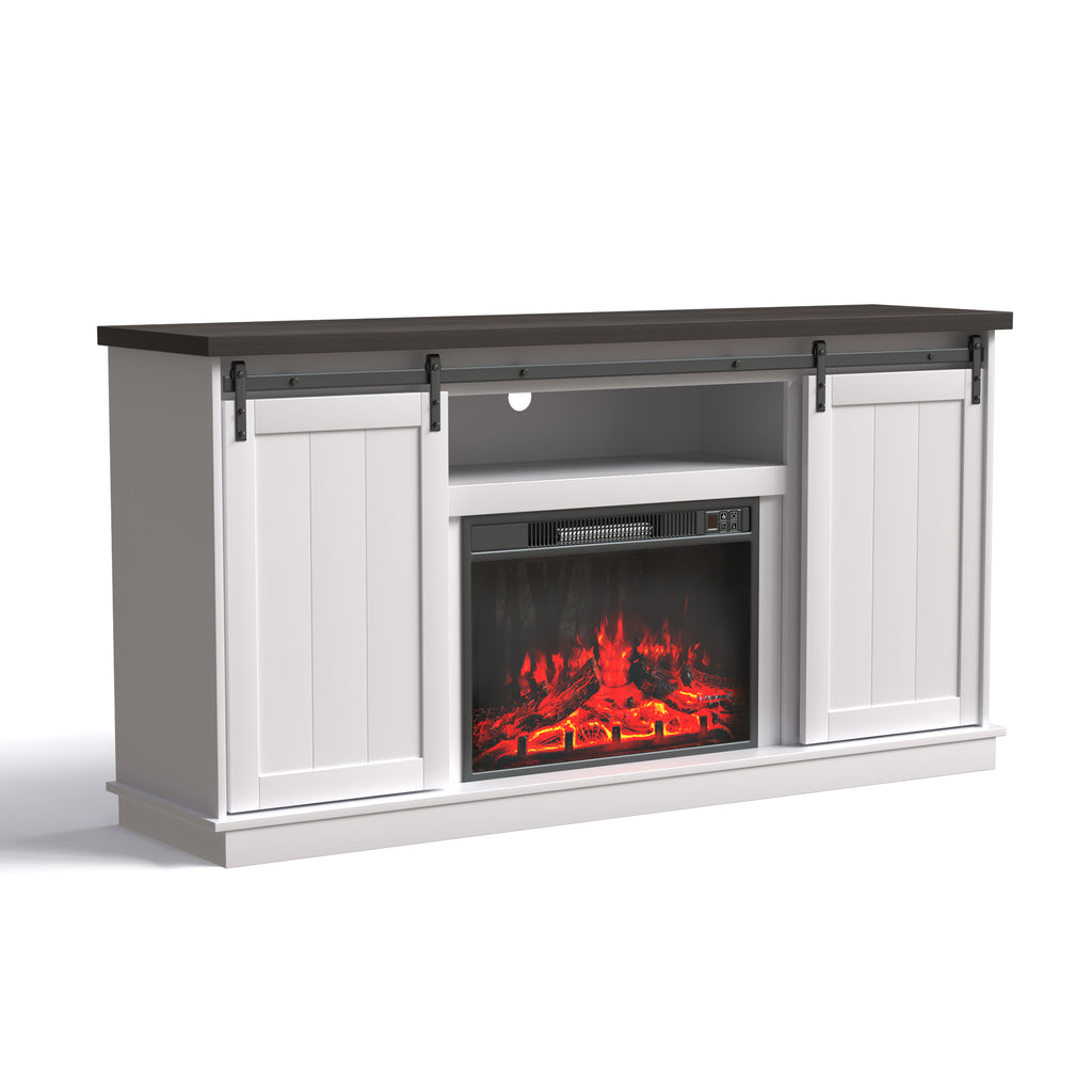 HOMREST Fireplace TV Stand for 70 Inch TV, Entertainment Center with Storage Cabinets and Sliding Barn Doors, Bright White