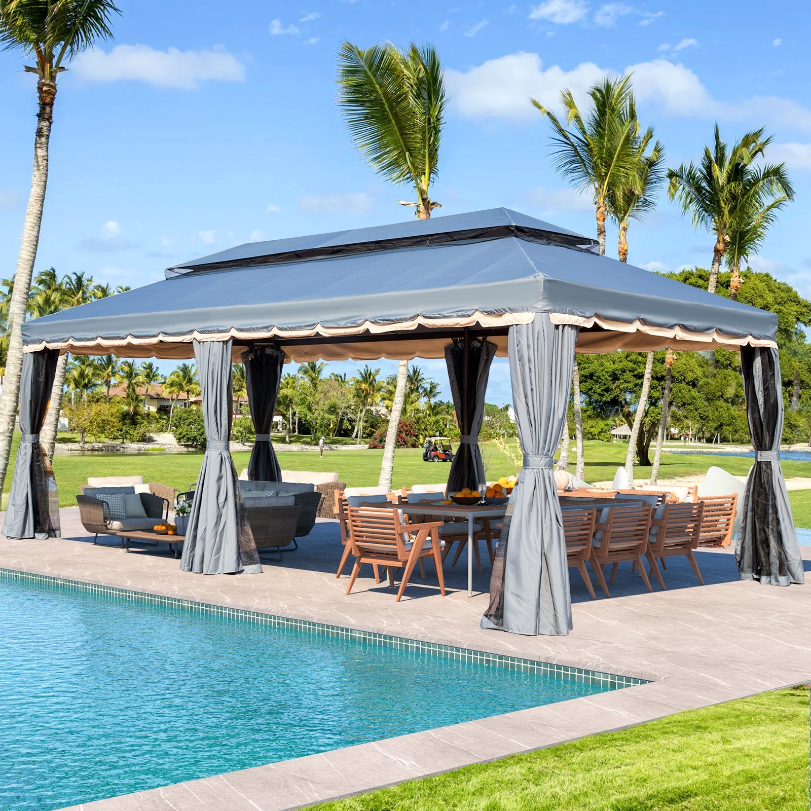 Homrest 10x20 Outdoor Canopy Gazebo with Netting and Shade Curtains, Grey