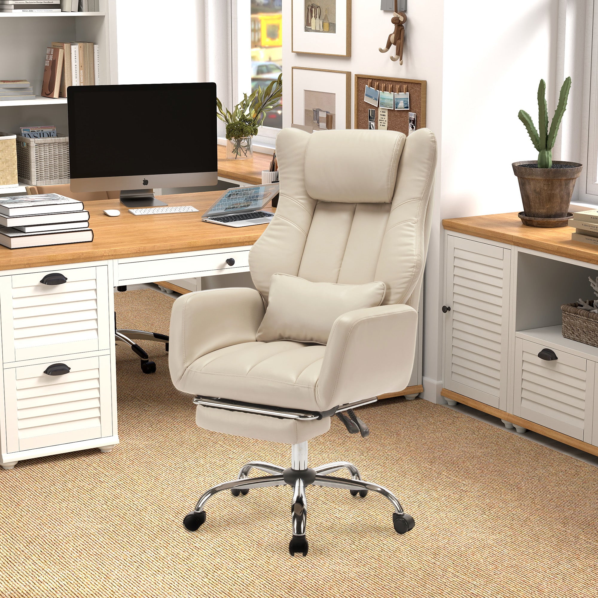 HOMREST Ergonomic Home Office Chair with Flip-Up Armrests, 135° Reclining Computer Desk Chair, Nappa PU Leather, Beige