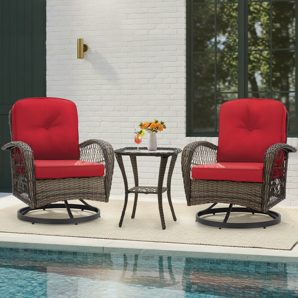 HOMREST 3-piece Patio Swivel Glider Chair Set，360° Glide & Rotate, Red