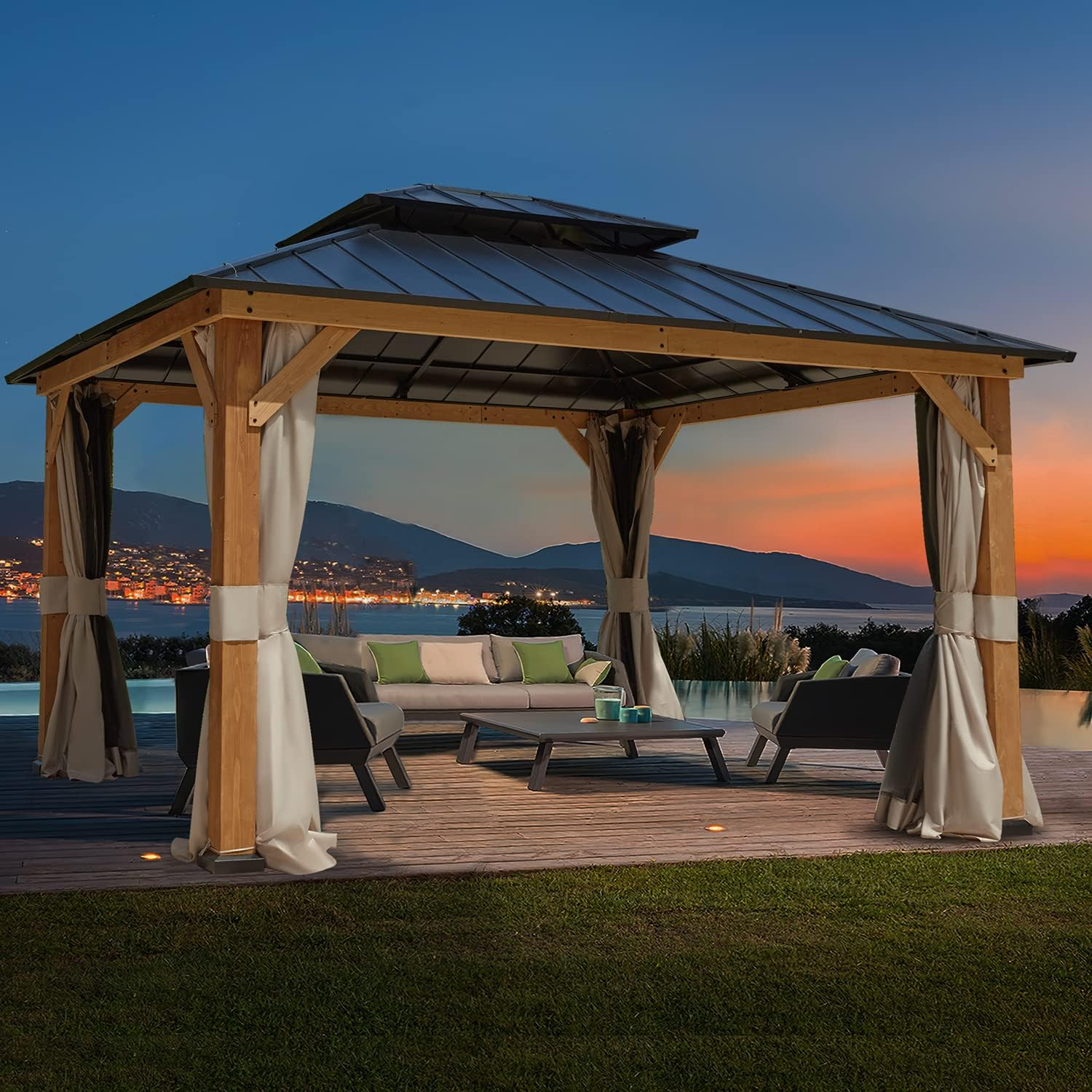Homrest 11' x 13' Outdoor Cedar Wood Hardtop Gazebo w/ Double Metal Roof, Curtains & Nettings
