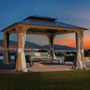 Homrest 11' x 13' Outdoor Cedar Wood Hardtop Gazebo w/ Double Metal Roof, Curtains & Nettings