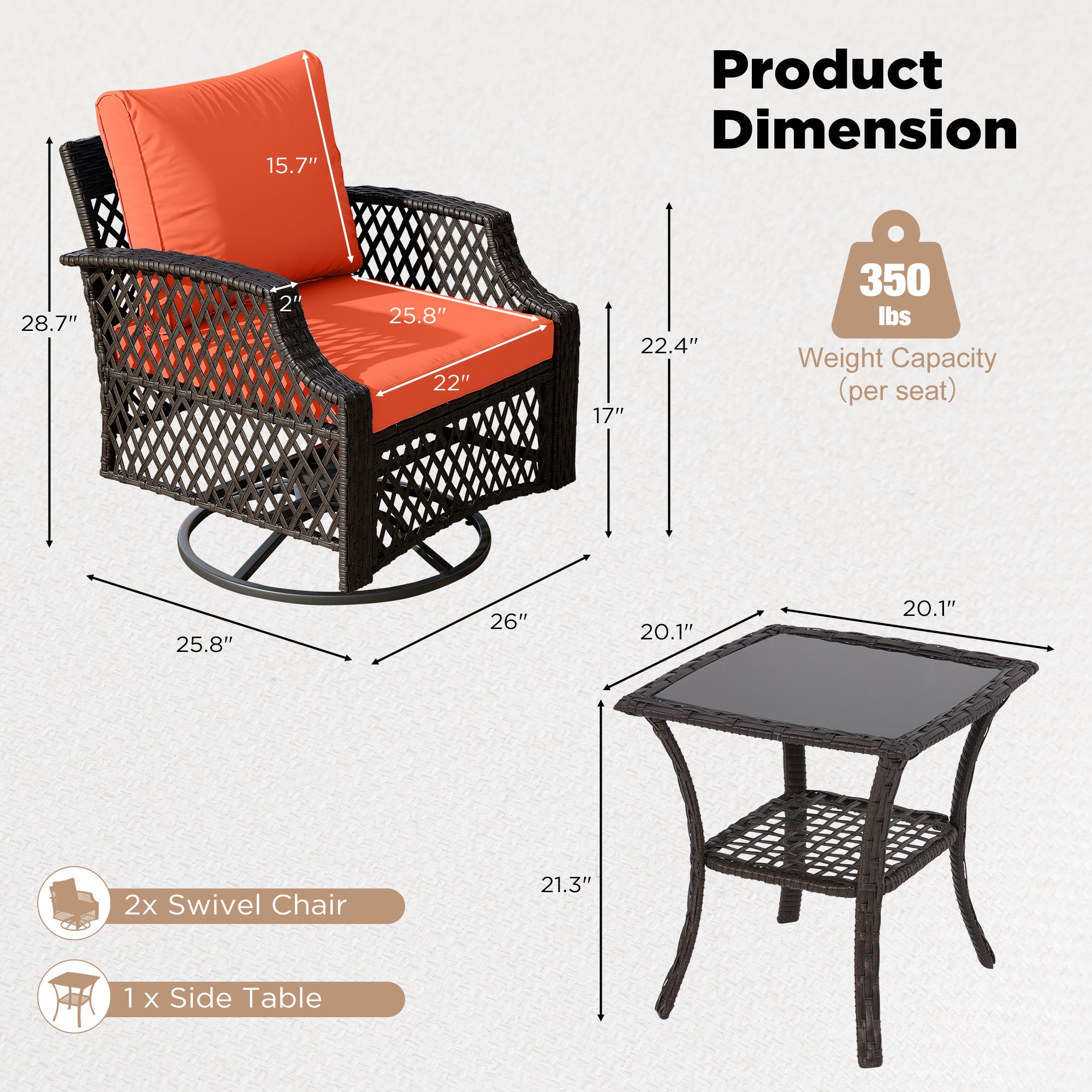 HOMREST 3 Piece Outdoor Swivel Chair Set, Patio Furniture Conversation Set for Deck, Yard, Garden, Poolside(Orange)