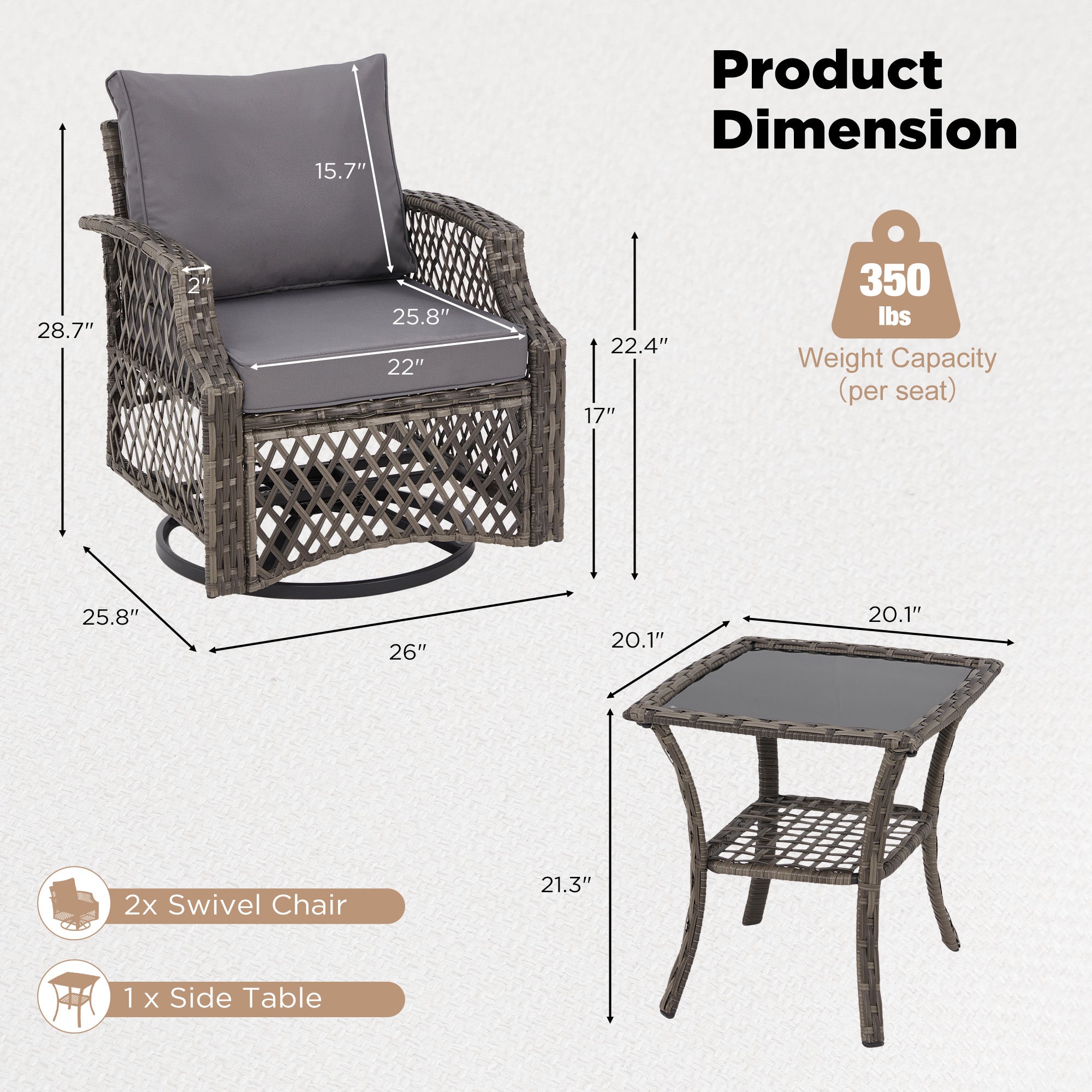HOMREST 3 Piece Outdoor Swivel Chair Set, Patio Furniture Conversation Set for Deck, Yard, Garden, Poolside(Gray)
