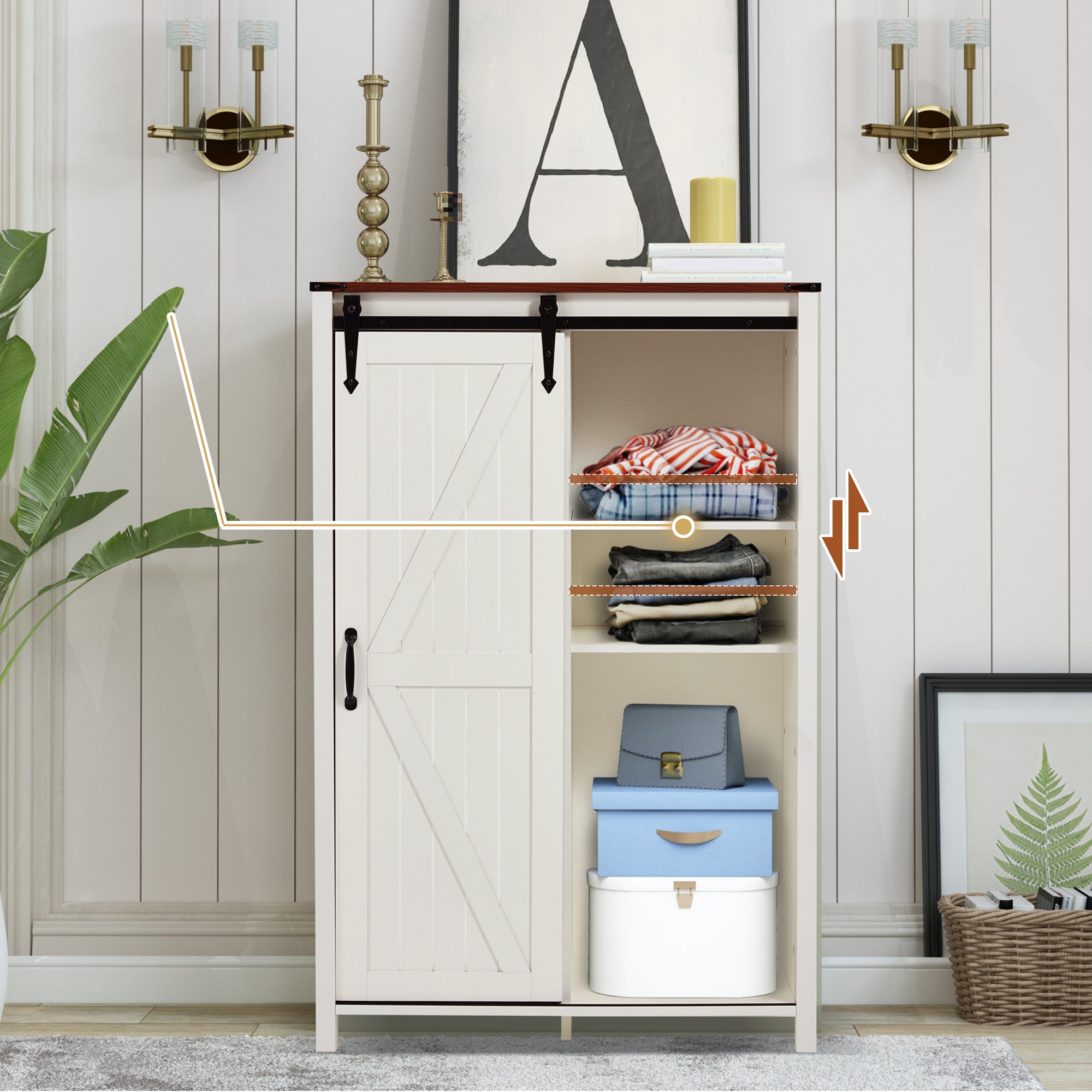HOMREST Farmhouse 48" Tall Chest of Drawers, Wooden Closet Dresser with Sliding Barn Door, Storage Organizer Dresser for Living Room, Hallway, White