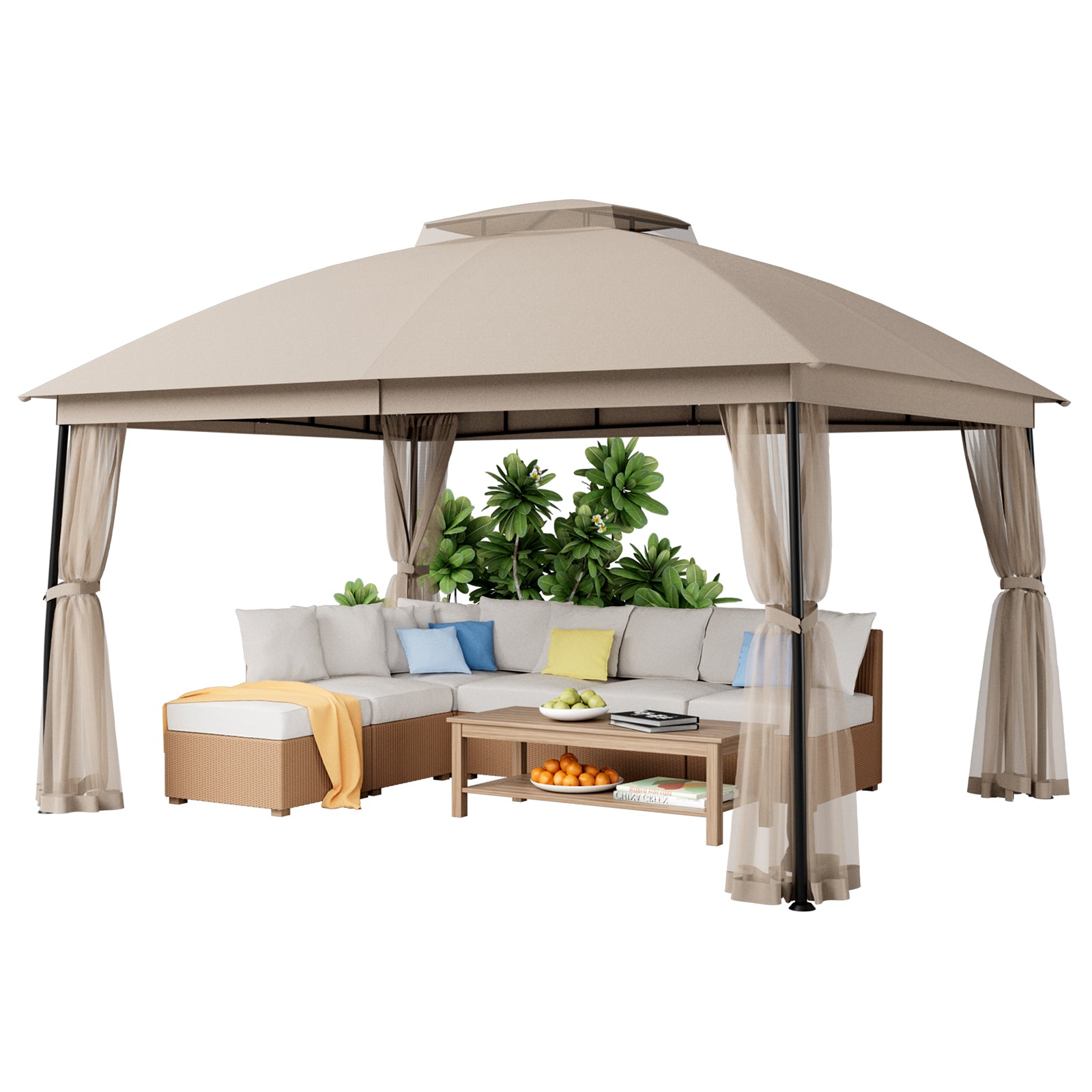 Outdoor Patio Gazebo 10'x13' with Double Curved Roofs, Heavy Duty Party Tent & Shelter, Mosquito Nettings and Privacy Screens patio canopy outdoor waterproof for Backyard, Garden, Lawn, Yellow