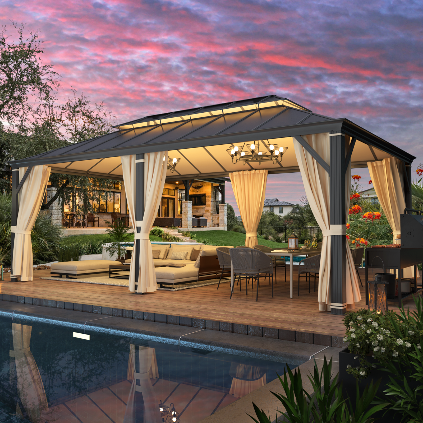 Homrest 12' x 20' Hardtop Gazebo, Aluminum Composite Double Roof for Patio and Garden, Curtains and Netting