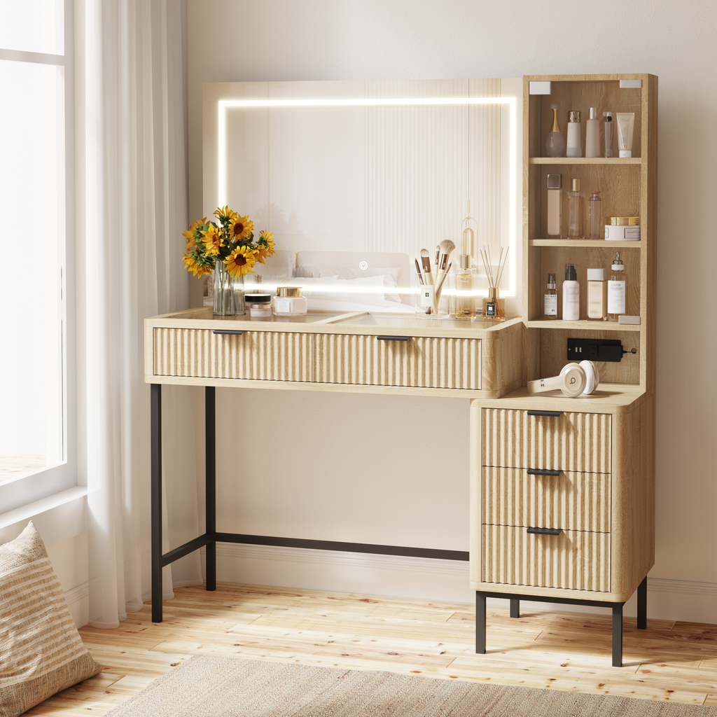 HOMREST Fluted Makeup Vanity Desk with Mirror, Lights,5 Drawers, 3 Sto HOMREST Fluted Makeup Vanity Desk with Mirror, Lights,5 Drawers, 3 Sto