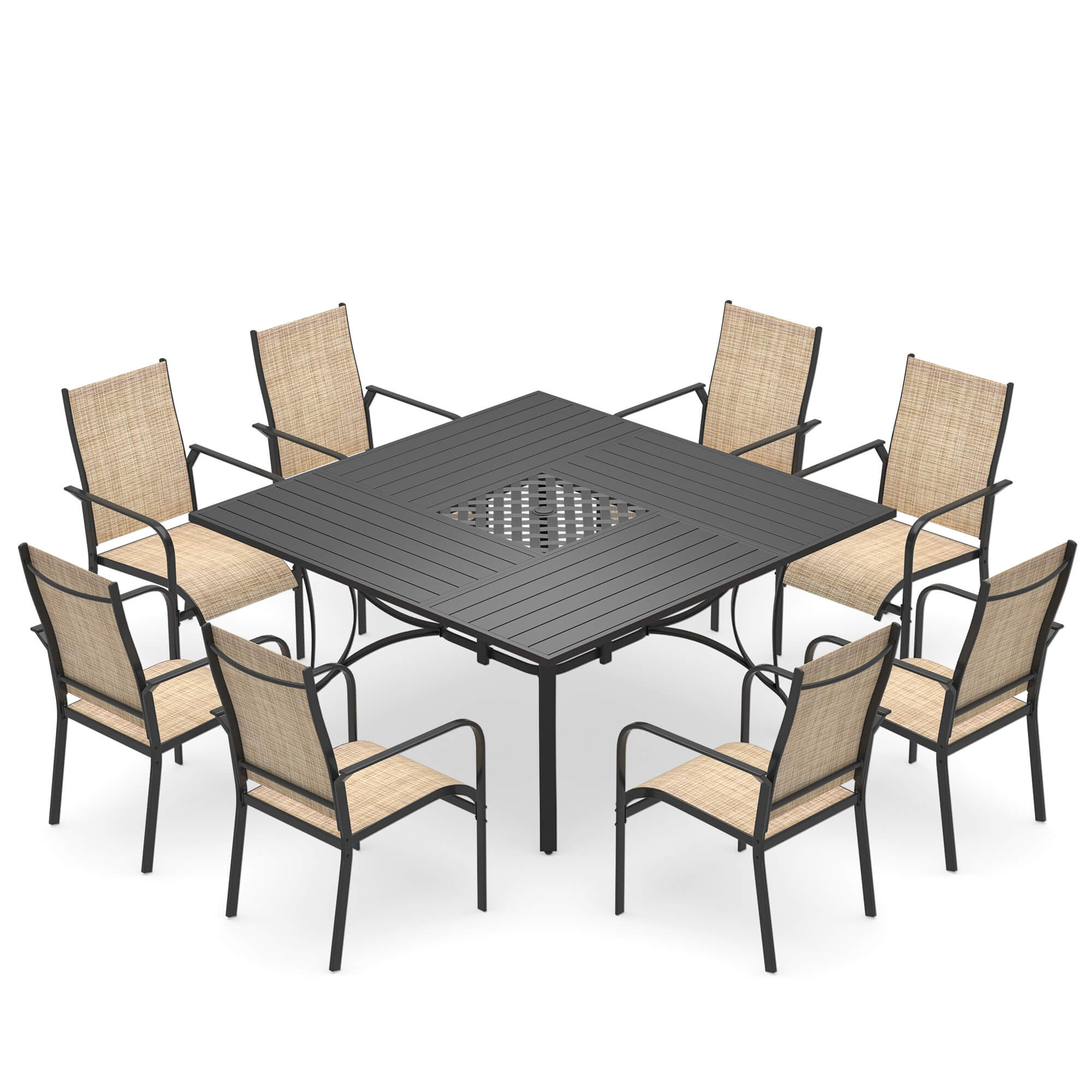 HOMREST 9 Piece Patio Dining Set, Outdoor Dining Table And Chairs Set For 8, 8 PVC-coated polyester Chairs, 1 Iron Square Table With Adjustable Umbrella Hole (1.57"-1.97"), Brown