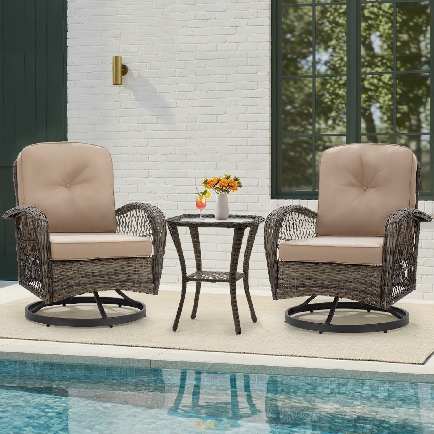 HOMREST 3-piece Patio Swivel Glider Chair Set，360° Glide & Rotate, Khaki