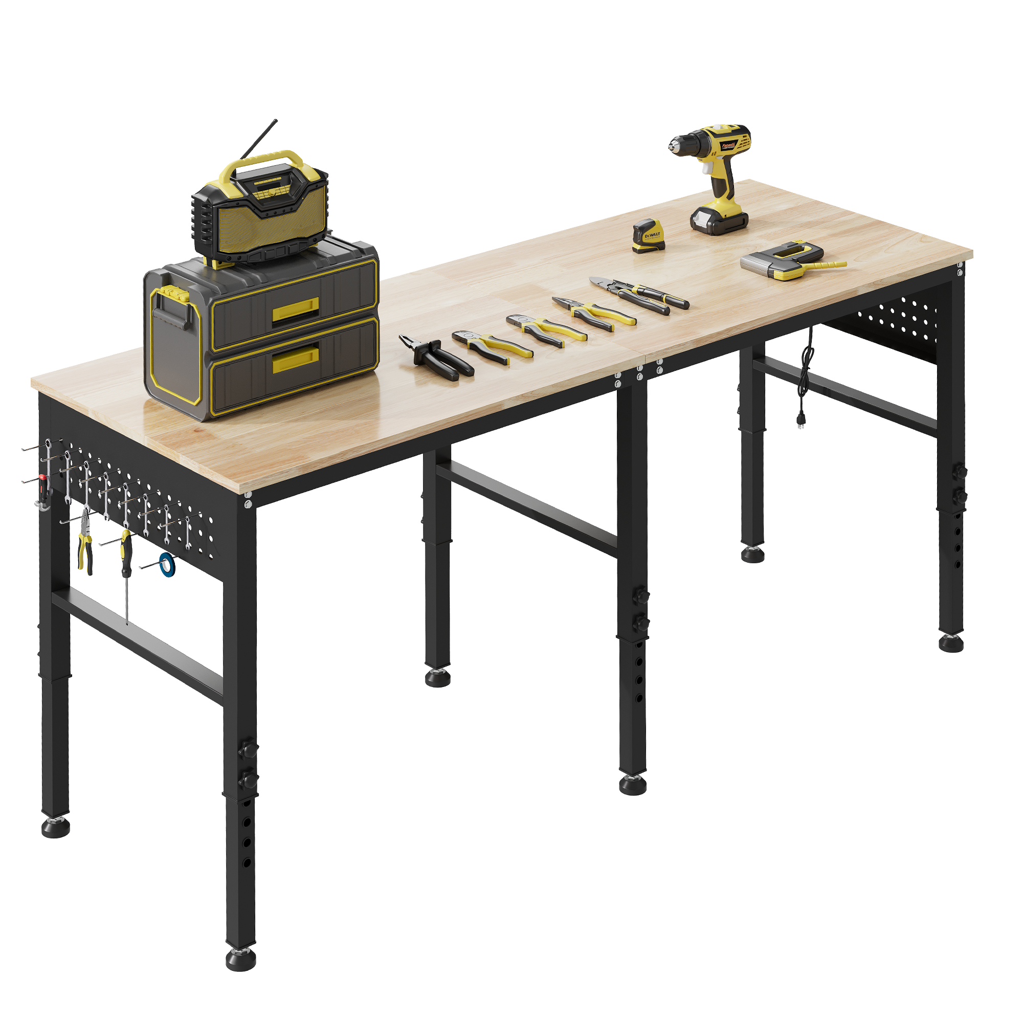 72" Adjustable Heavy Duty Workbench with Power Outlets & Pegboard, 2000 LBS Capacity Rubber Wood Top Work Table for Garage, Workshop, Home & Commercial