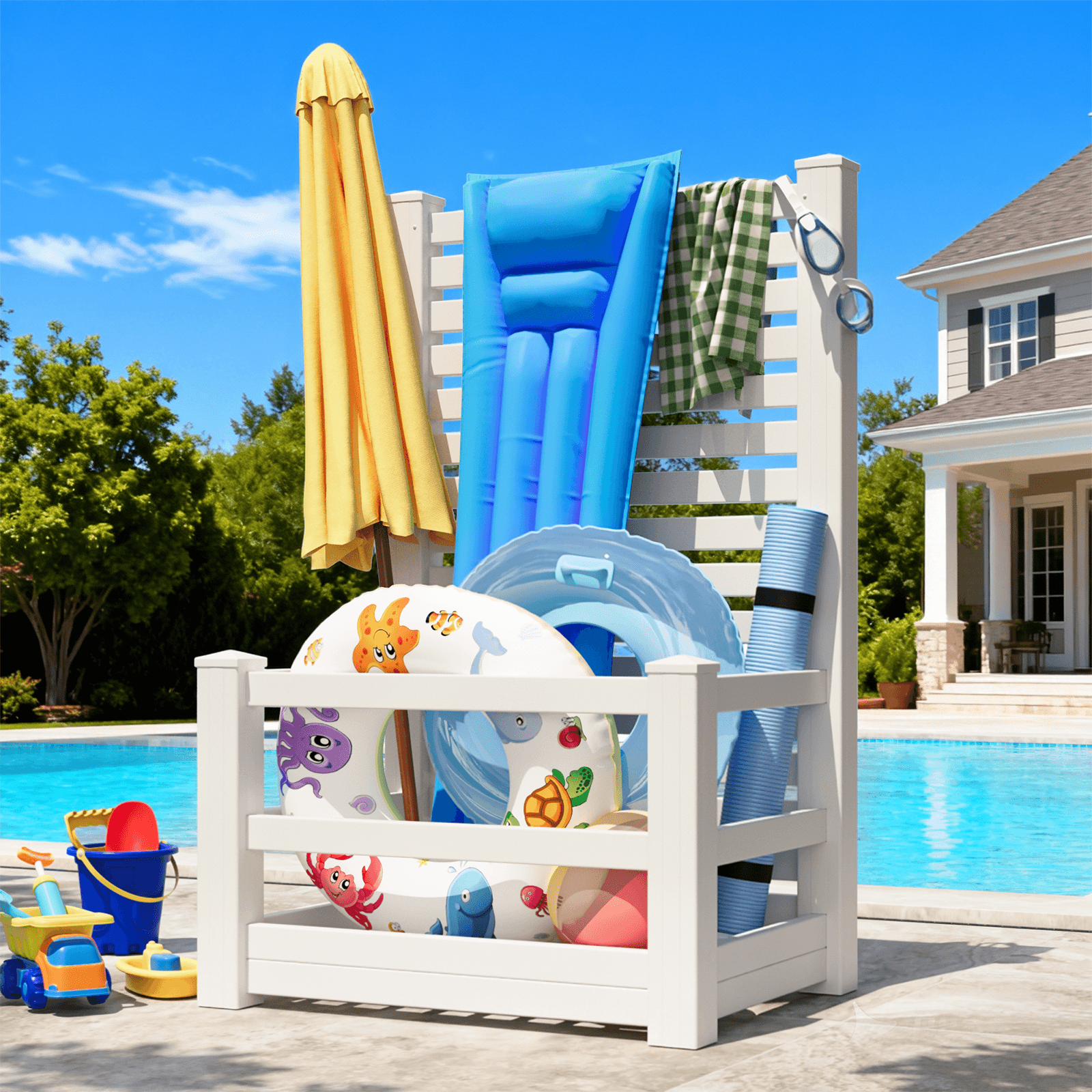 HOMREST 71" H Privacy Screen Pool Storage Organizer, Freestanding Pool Float Holder Replaces Deck Box, White