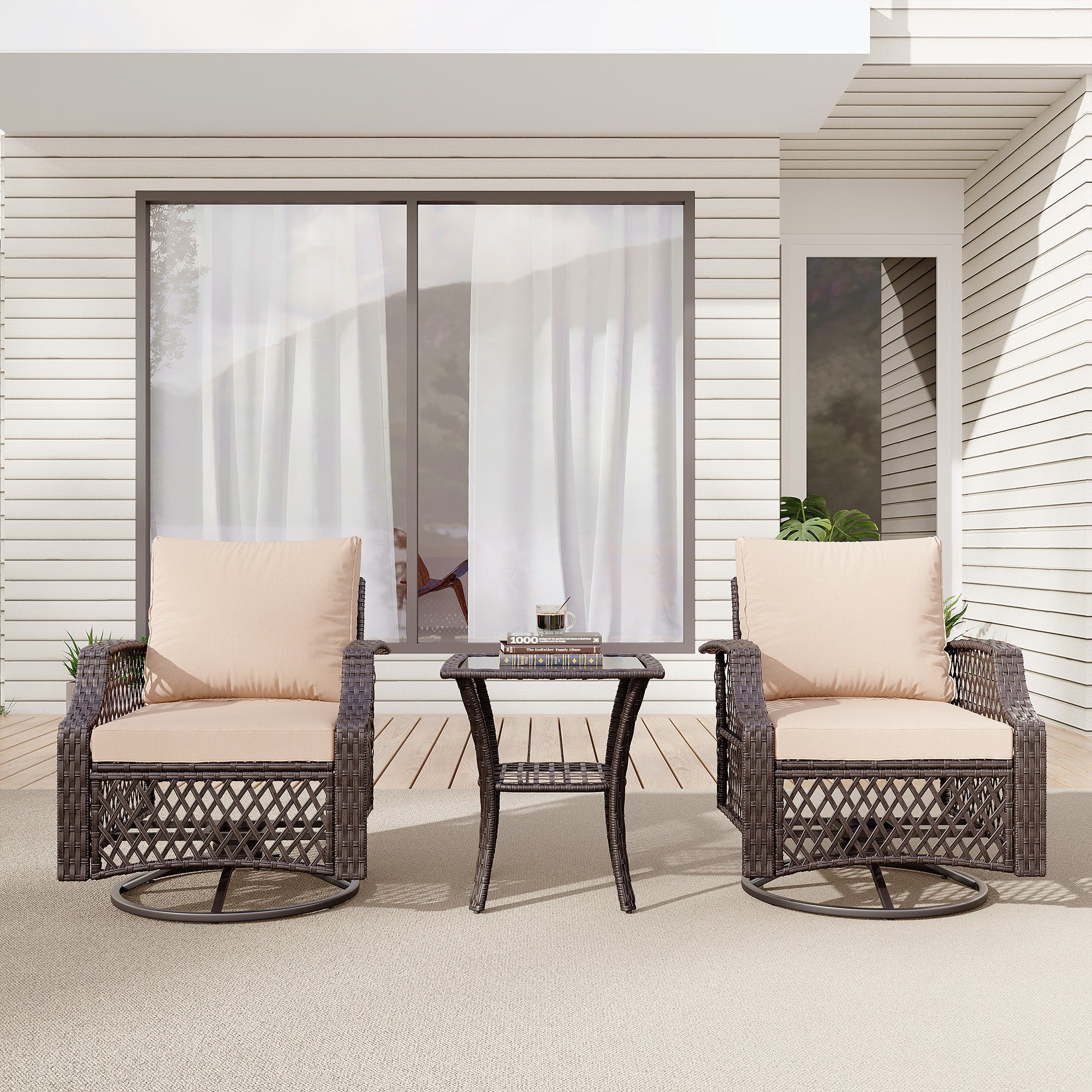 HOMREST 3 Piece Outdoor Swivel Chair Set, Patio Furniture Conversation Set for Deck, Yard, Garden, Poolside(Khaki)