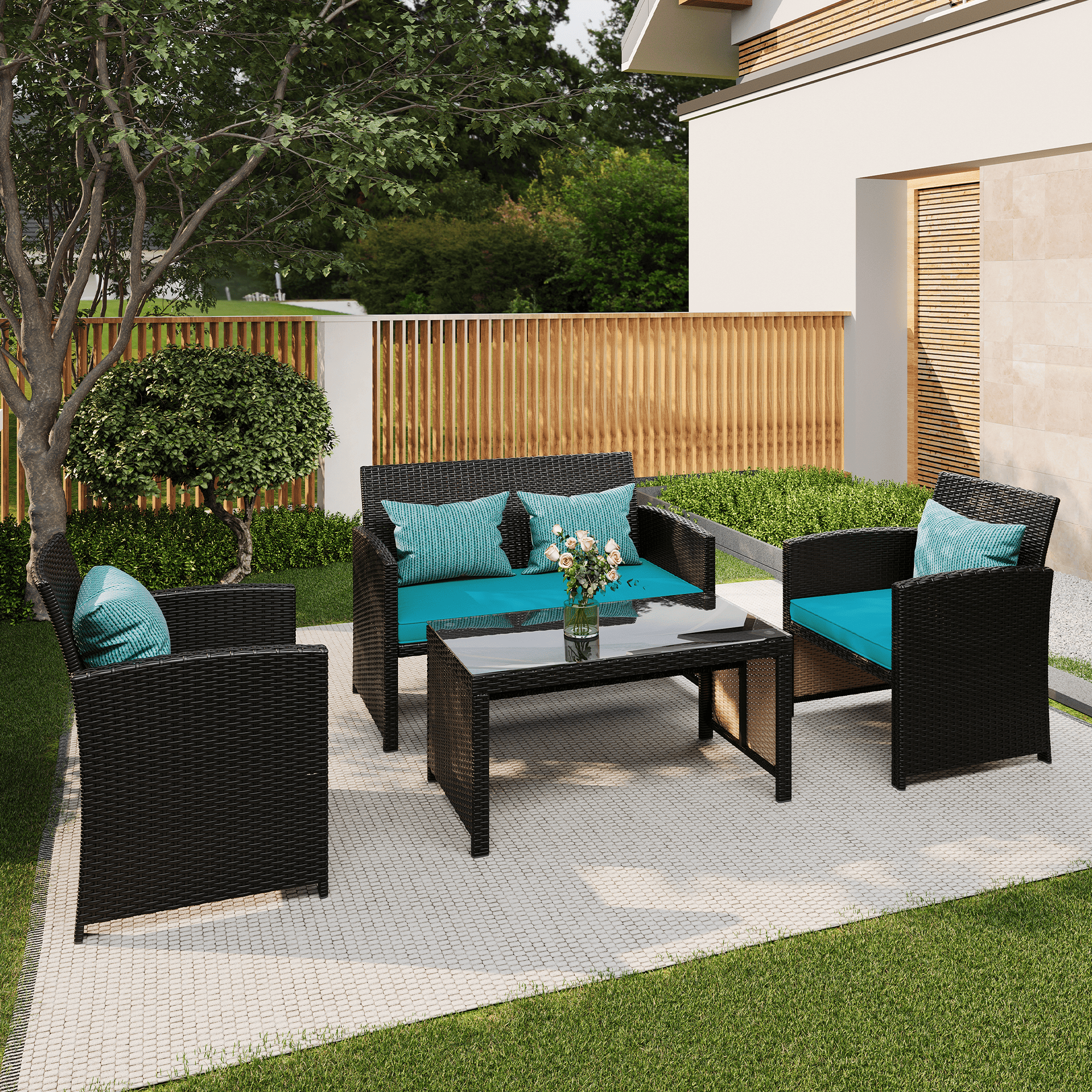 HOMREST 4-Piece Patio Furniture Set, Outdoor Wicker Patio Conversation Set with Cushions, Sofa & Glass Coffee Table, Blue