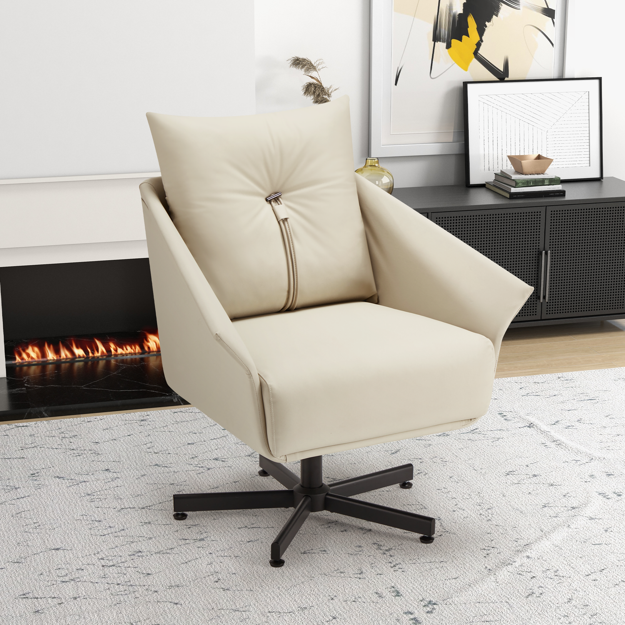Swivel Lazy Chair, Home Desk Chair with Soft Faux Leather Pillow for Living Room, Beige