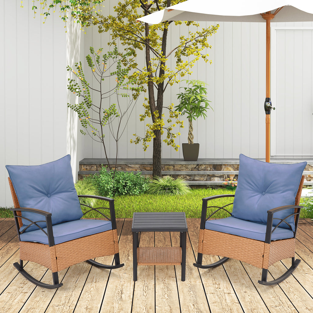 HOMREST 3-Piece Bistro Set: Outdoor Rattan Rocking Chairs with Cushions and Coffee Table