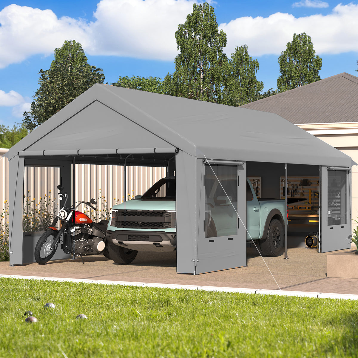 HOMREST Carport, 12 x 24 FT Heavy Duty Carport with Roll-Up Windows, Portable Garage with Removable Sidewalls, Car Canopy with Sandbags and All-Season Tarp for Tractor, Truck, Gray