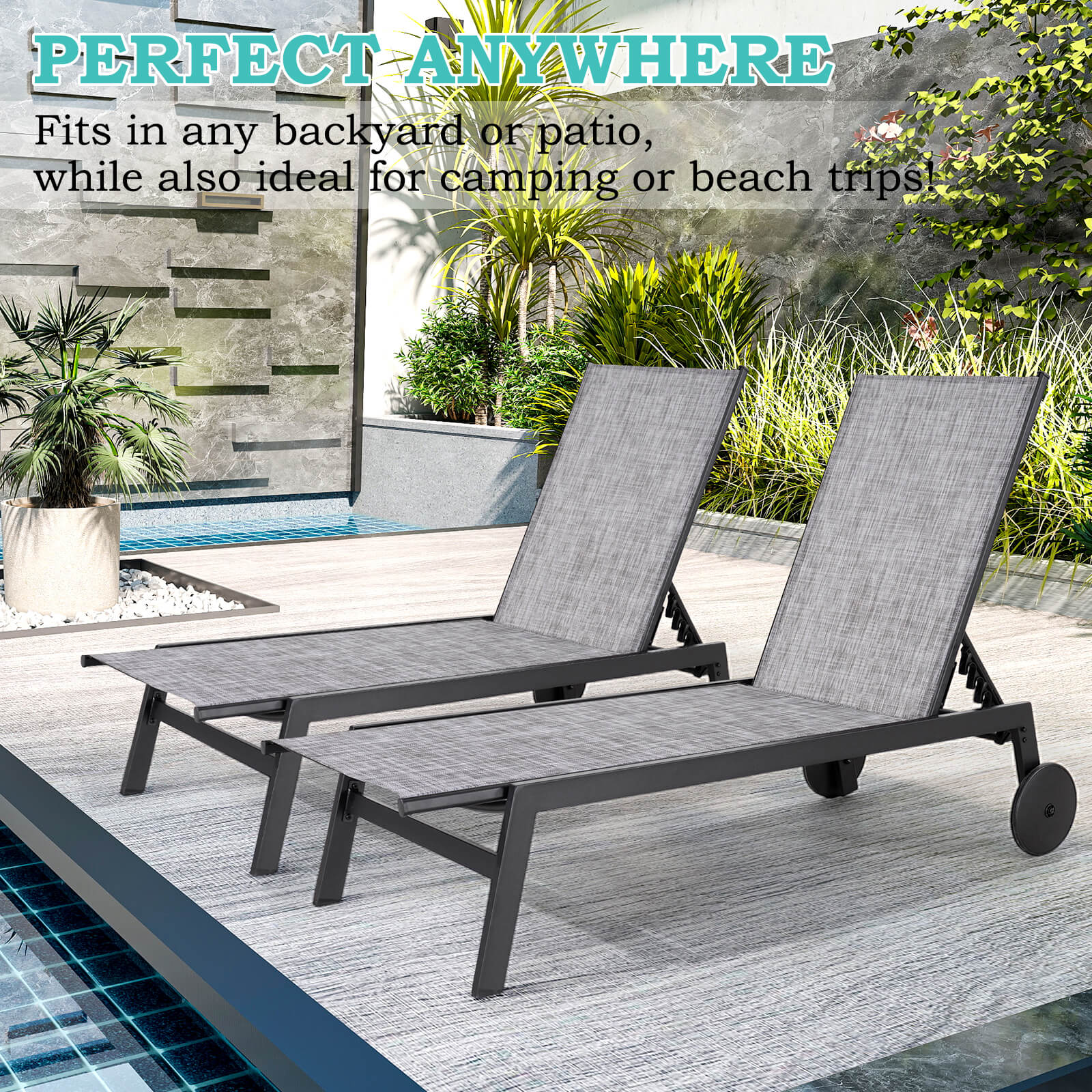HOMREST 23 Inches Patio Chaise Lounge Chair Set of 2 with Table, Waterproof Outdoor Poolside Recliners, Grey