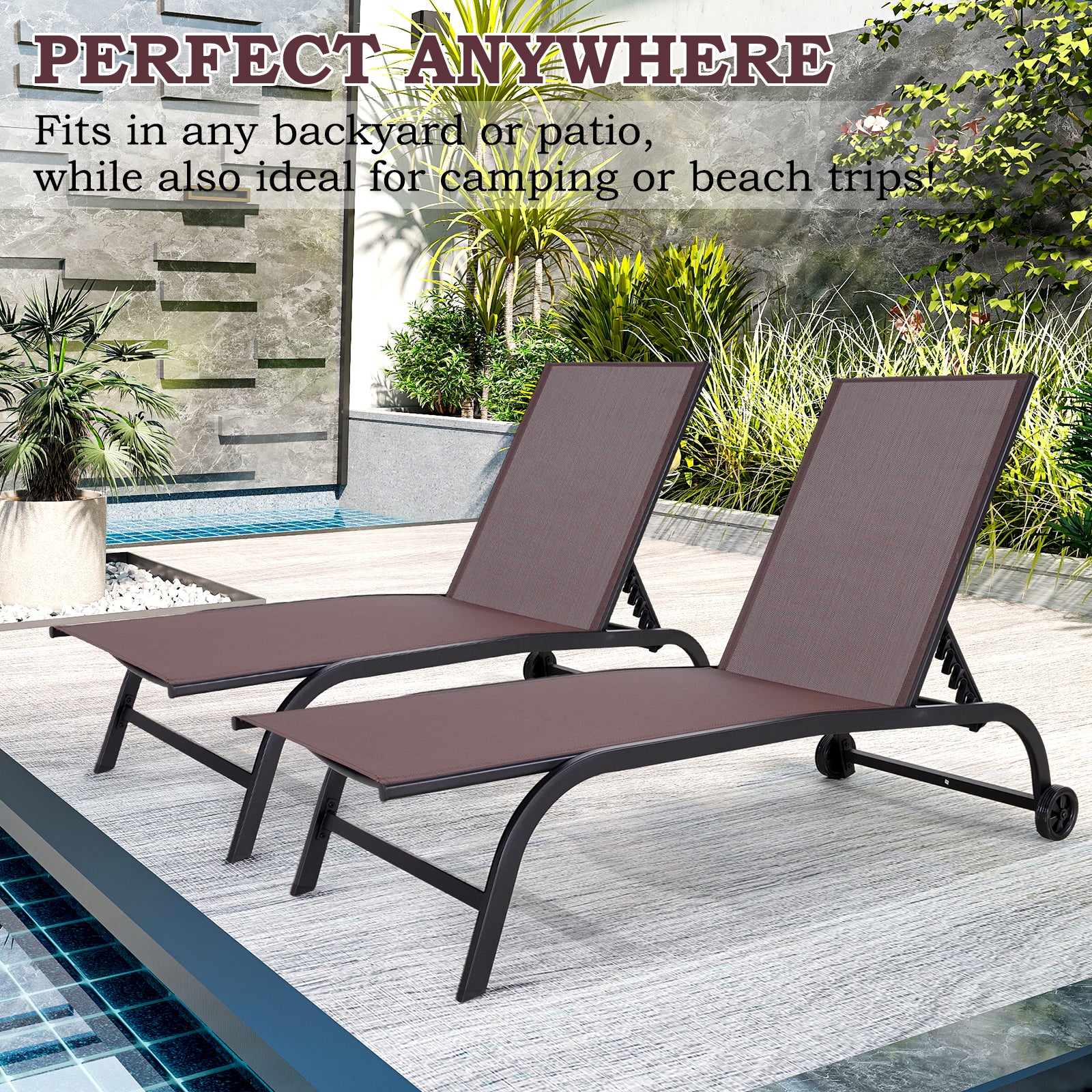 HOMREST  Oversized 26" W Patio Chaise Lounge Chair Set of 2 with Table, Adjustable Backrest & Wheels, Brown