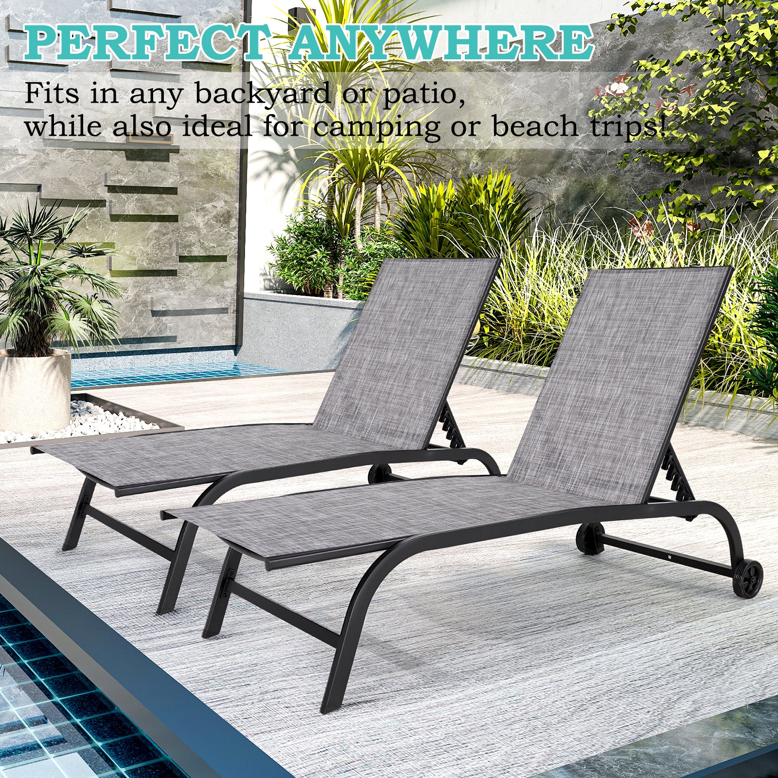 HOMREST  Oversized 26" W Patio Chaise Lounge Chair Set of 2 with Table, Adjustable Backrest & Wheels, Grey