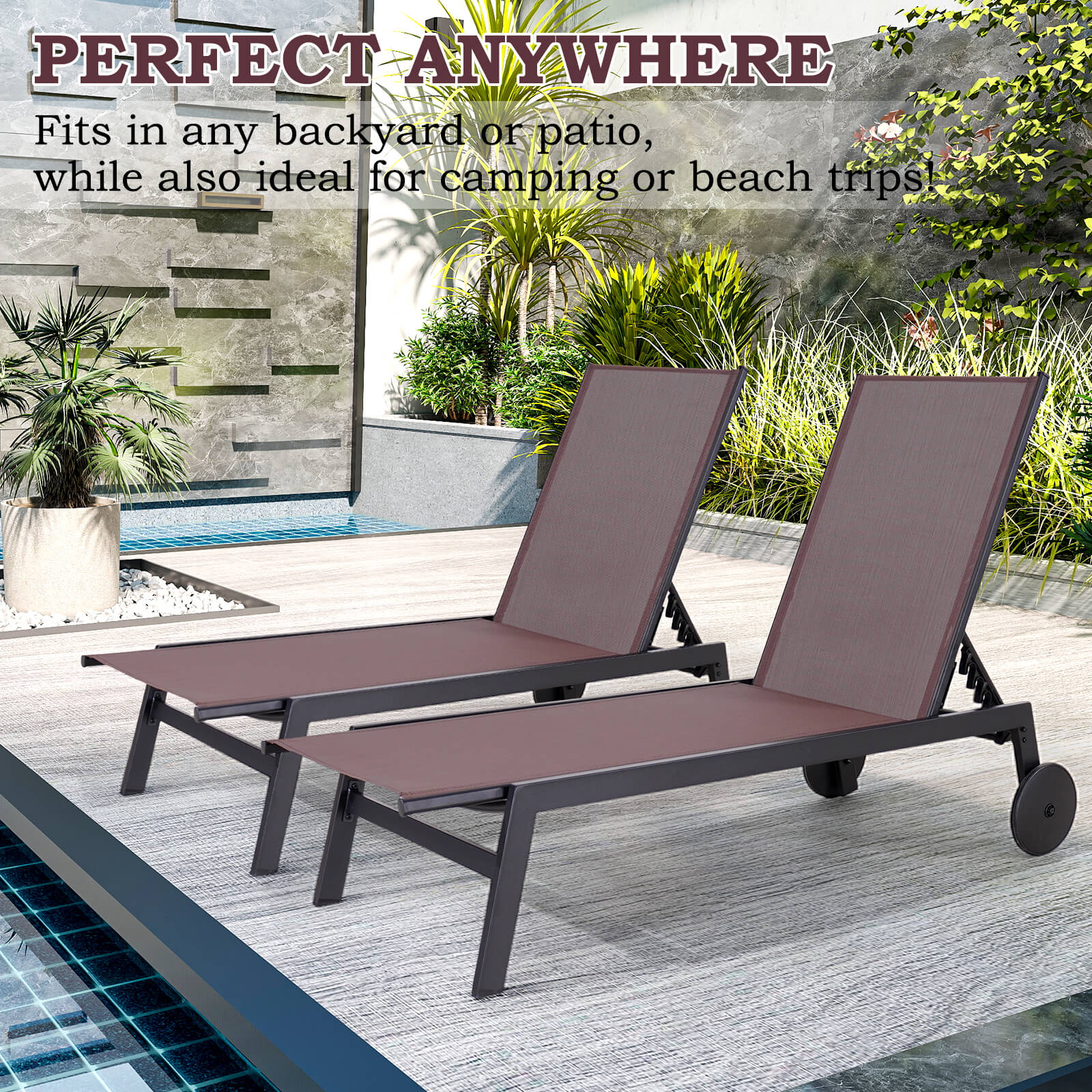 HOMREST 23 Inches Patio Chaise Lounge Chair Set of 2 with Table, Adjustable Backrest & Wheels, Brown