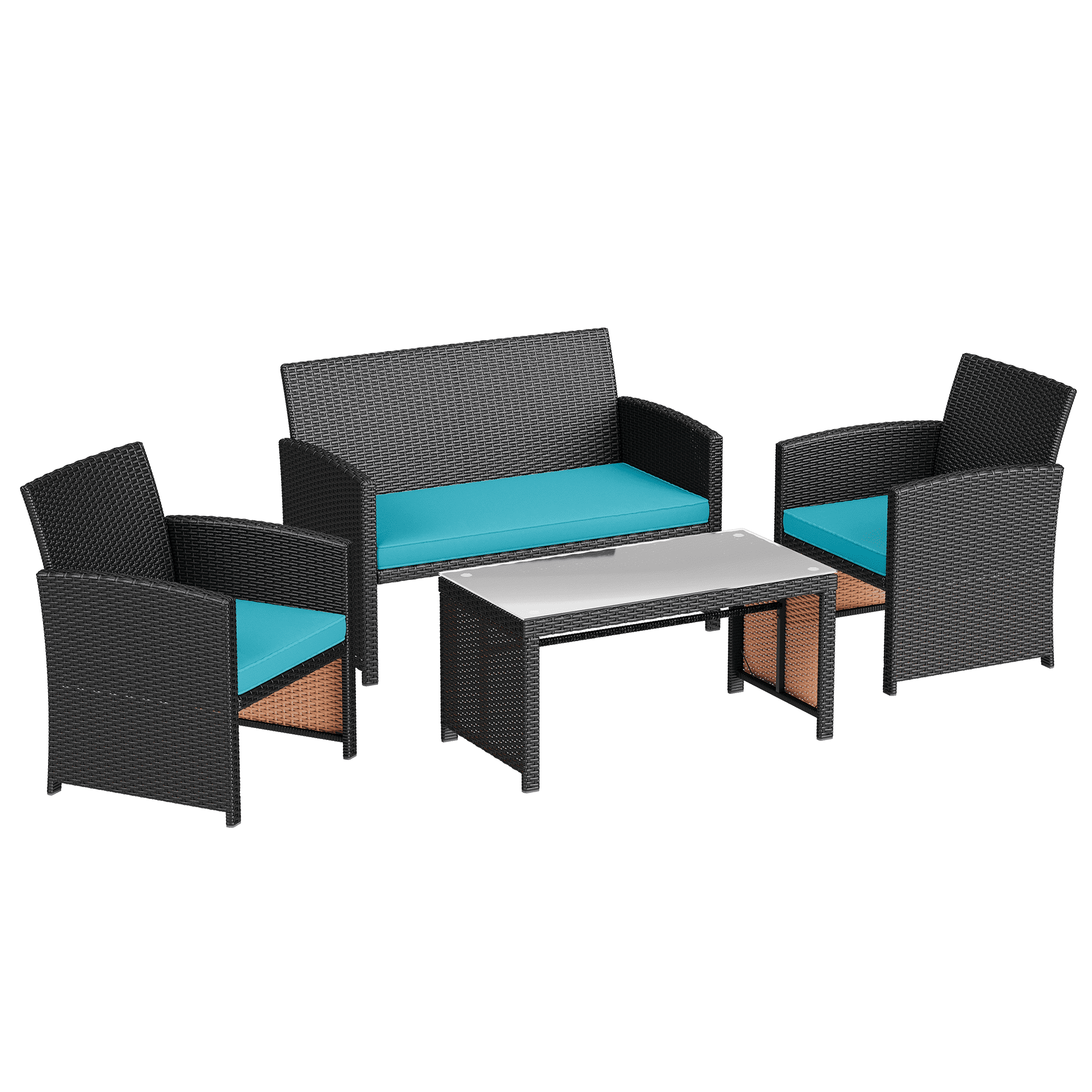 HOMREST 4-Piece Patio Furniture Set, Outdoor Wicker Patio Conversation Set with Cushions, Sofa & Glass Coffee Table, Blue