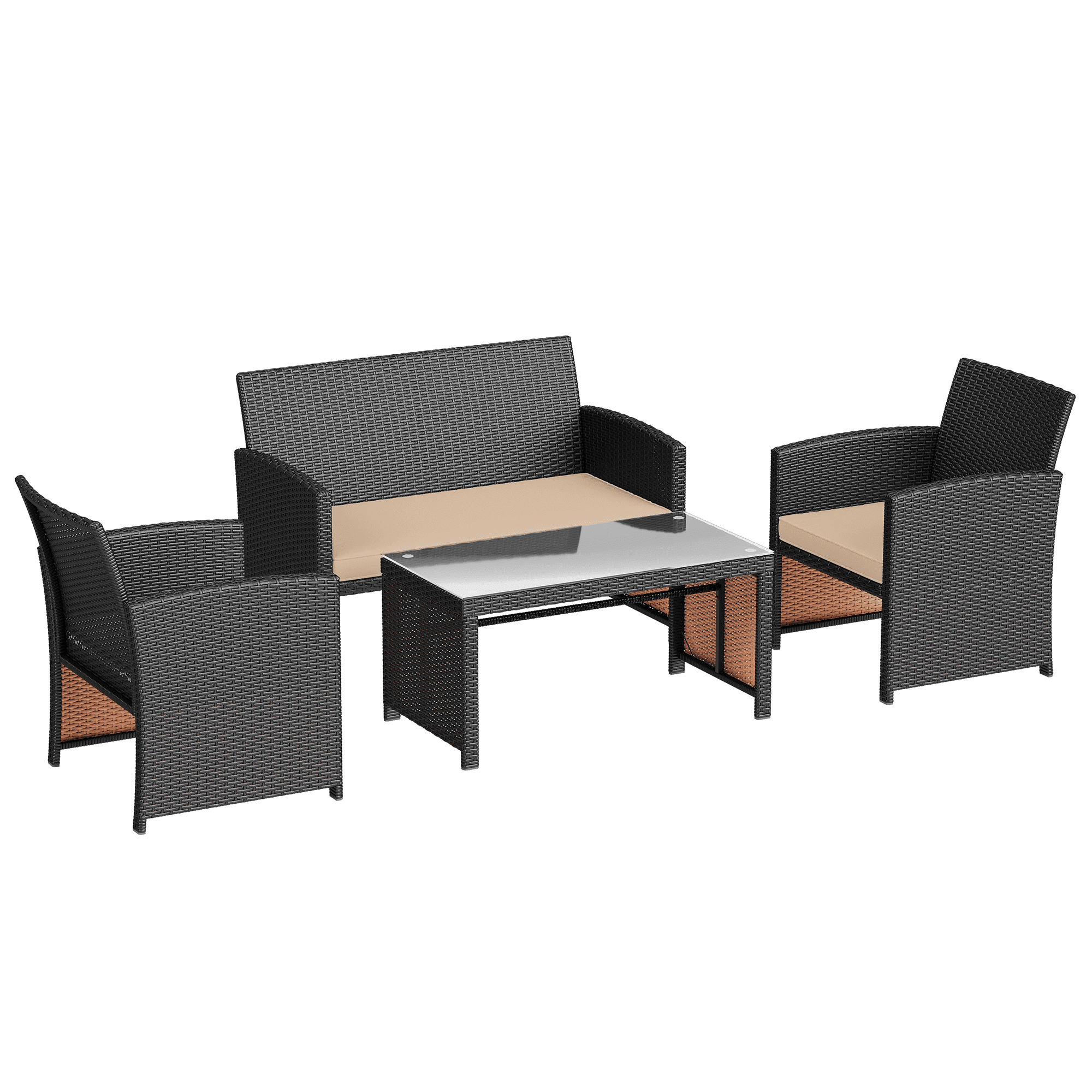 HOMREST 4-Piece Patio Furniture Set, Outdoor Wicker Patio Conversation Set with Cushions, Sofa & Glass Coffee Table, Khaki