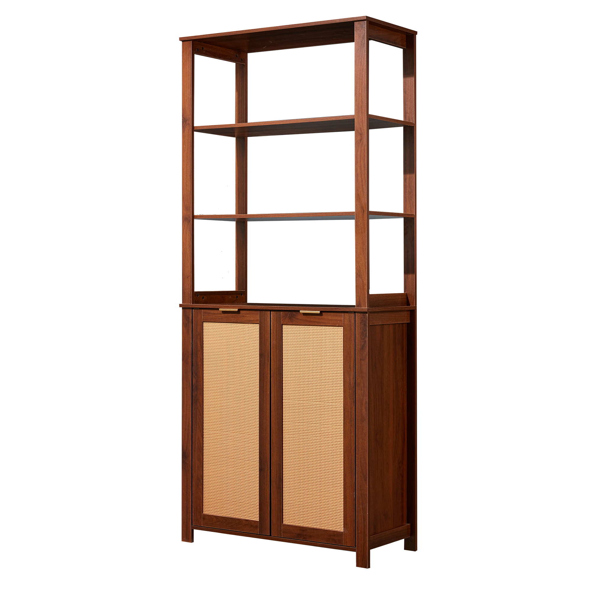 HOMREST Rattan Bookcase with cabinet, Heavy Duty Freestanding Bookcase With Storage Open Display, Walnut Brown