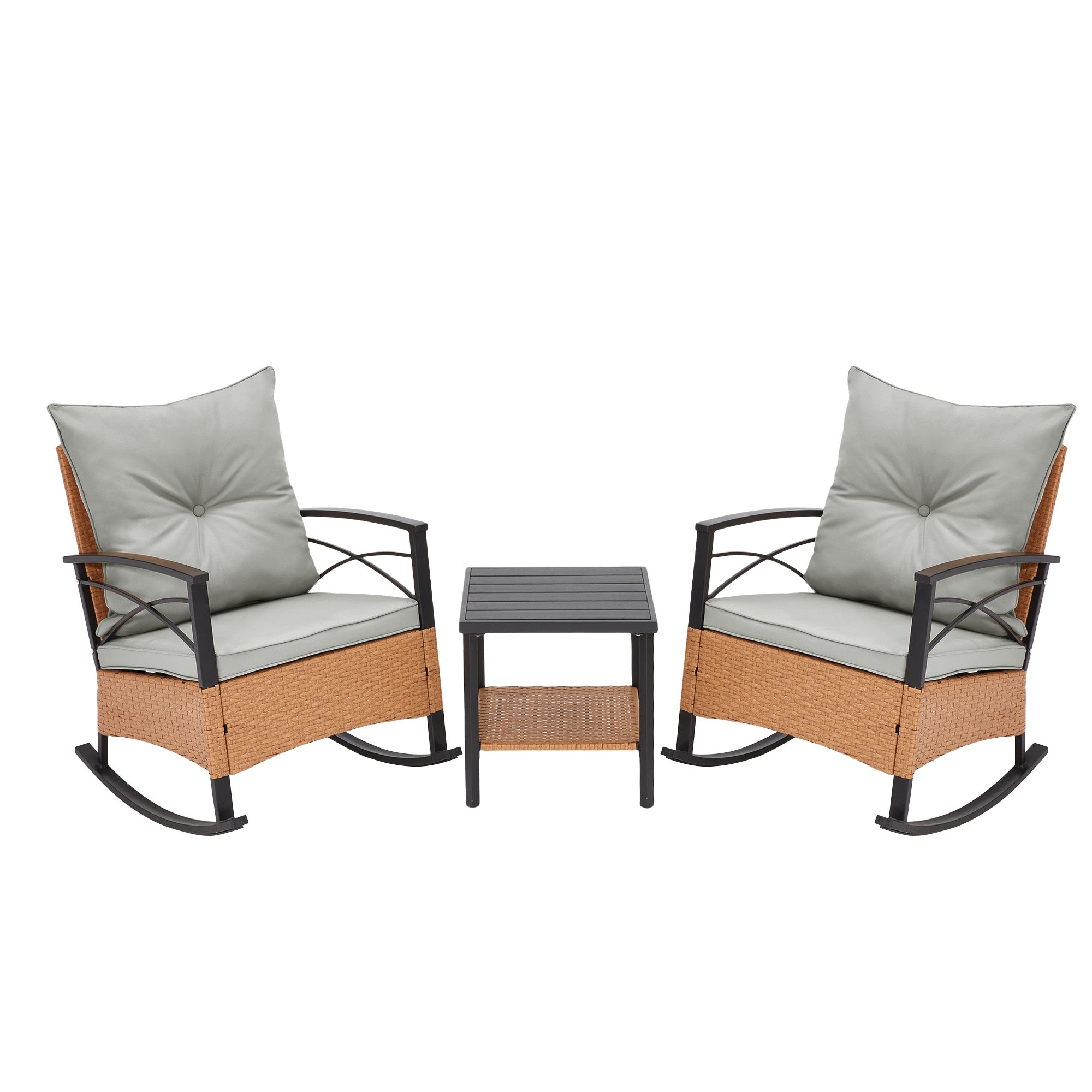 HOMREST 3-Piece Bistro Set: Outdoor Rattan Rocking Chairs with Cushions and Coffee Table