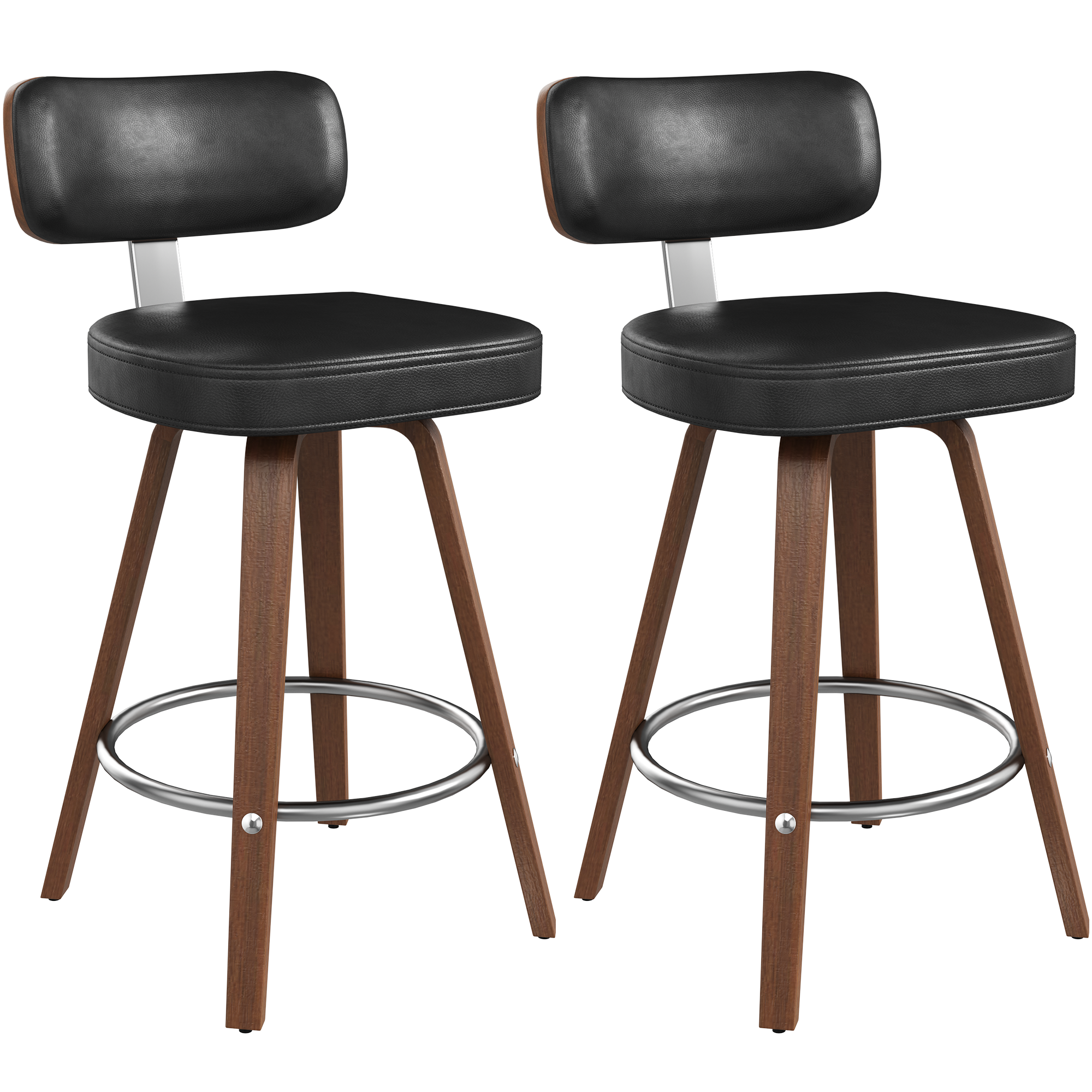 HOMREST Swivel Upholstered Counter & Bar Stool With Curved Back, Mid Century Modern Bar Chair With Solid Wood Frame And Metal Footrest (set Of 2), Black