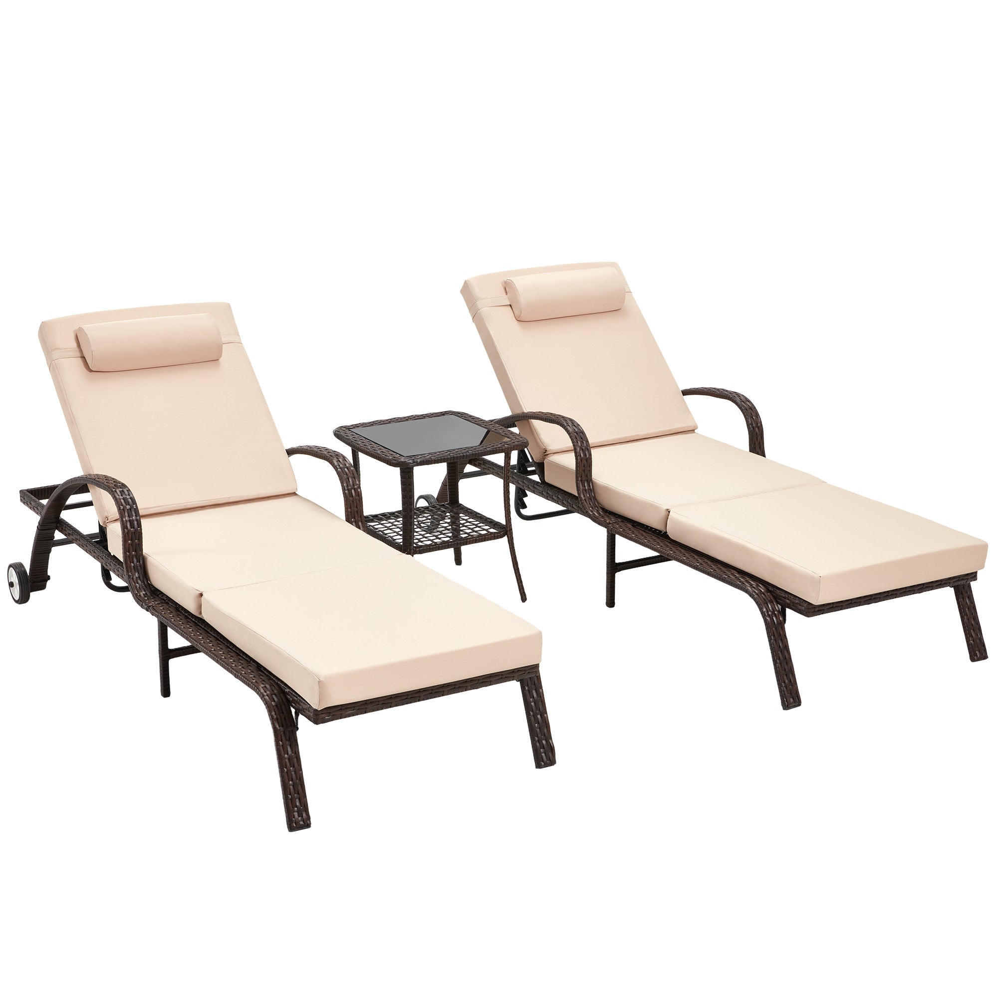 HOMREST 3-Piece Outdoor Chaise Lounge Set with Adjustable Chairs, Storage Table, Khaki