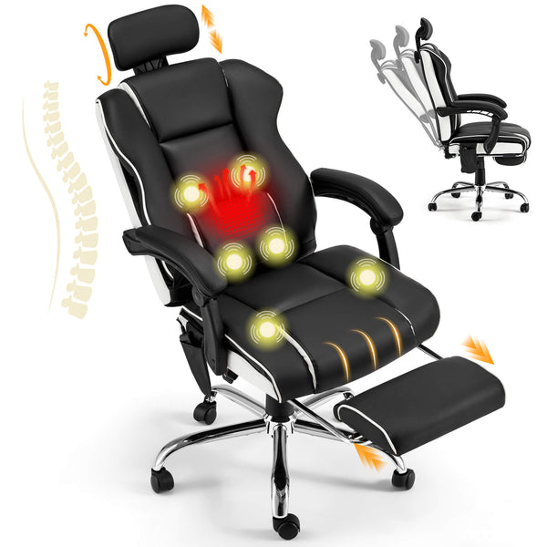 6-Point Massage Office Chair with Footrest, Ergonomic Gaming Chair Black