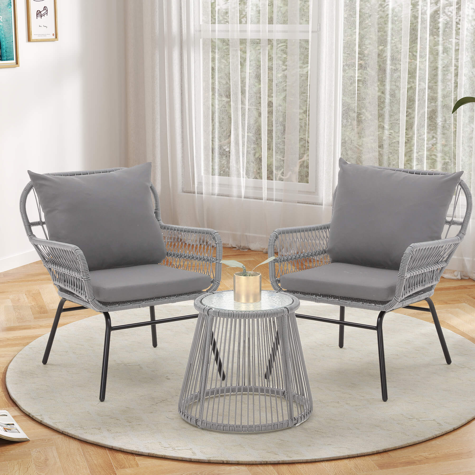 HOMREST 3-Piece Patio Bistro Set with Glass Top Table & 2 Ergonomic Armchairs, Black, Gray
