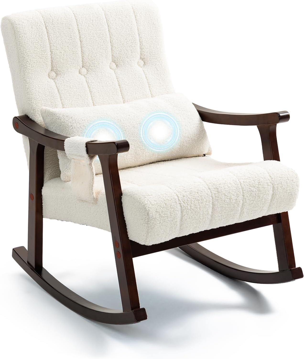 HOMREST Teddy Upholstered Rocking Chair, Small Glider Rocker with 2-Point Massage Lumbar Pillow and Solid Wood Legs, for Nursery and Living Room, White