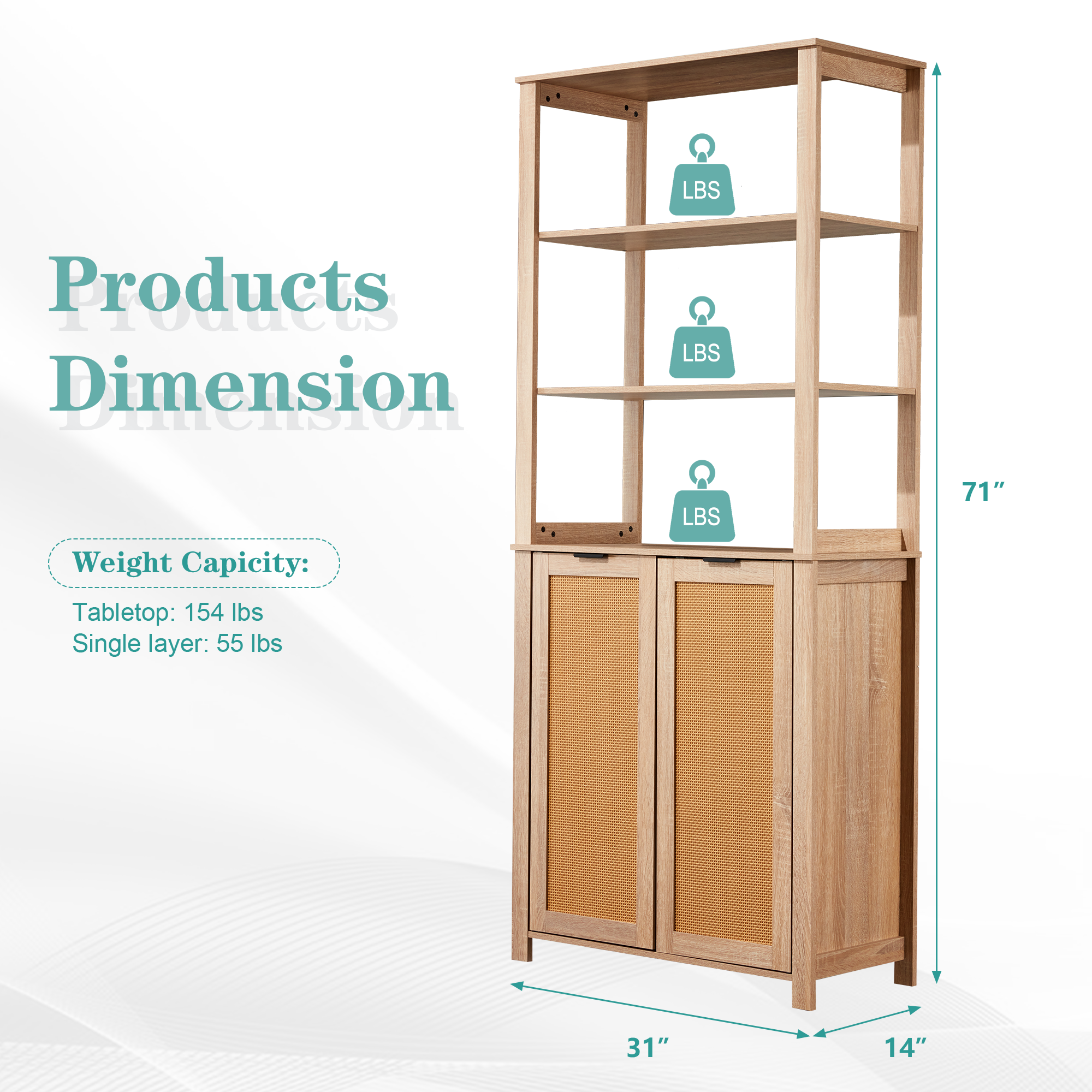 HOMREST Rattan Bookcase with cabinet, Heavy Duty Freestanding Bookcase With Storage Open Display, Beige