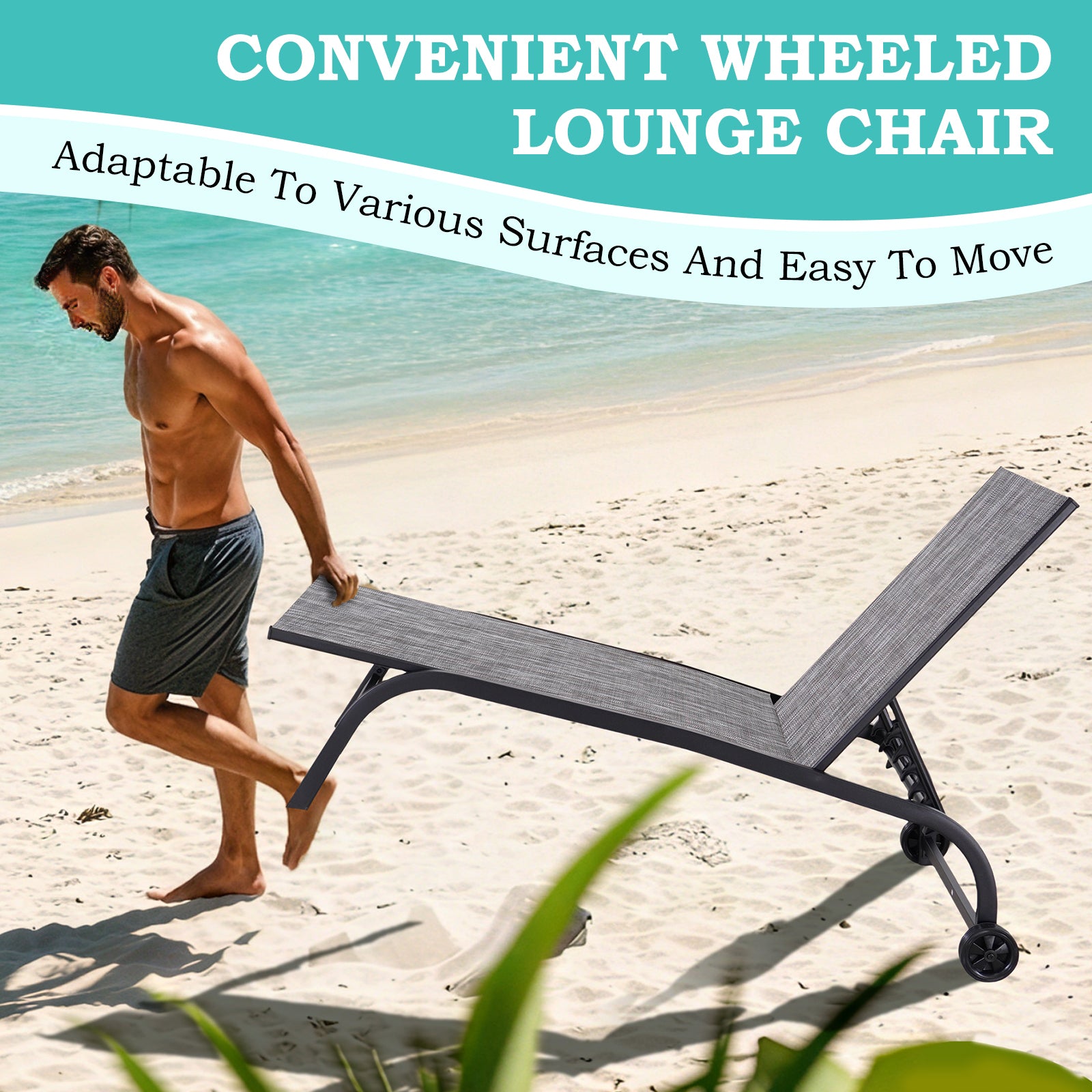 HOMREST Oversized 26" W Patio Chaise Lounge Chair Set of 2 with Table, Adjustable Backrest & Wheels, Grey