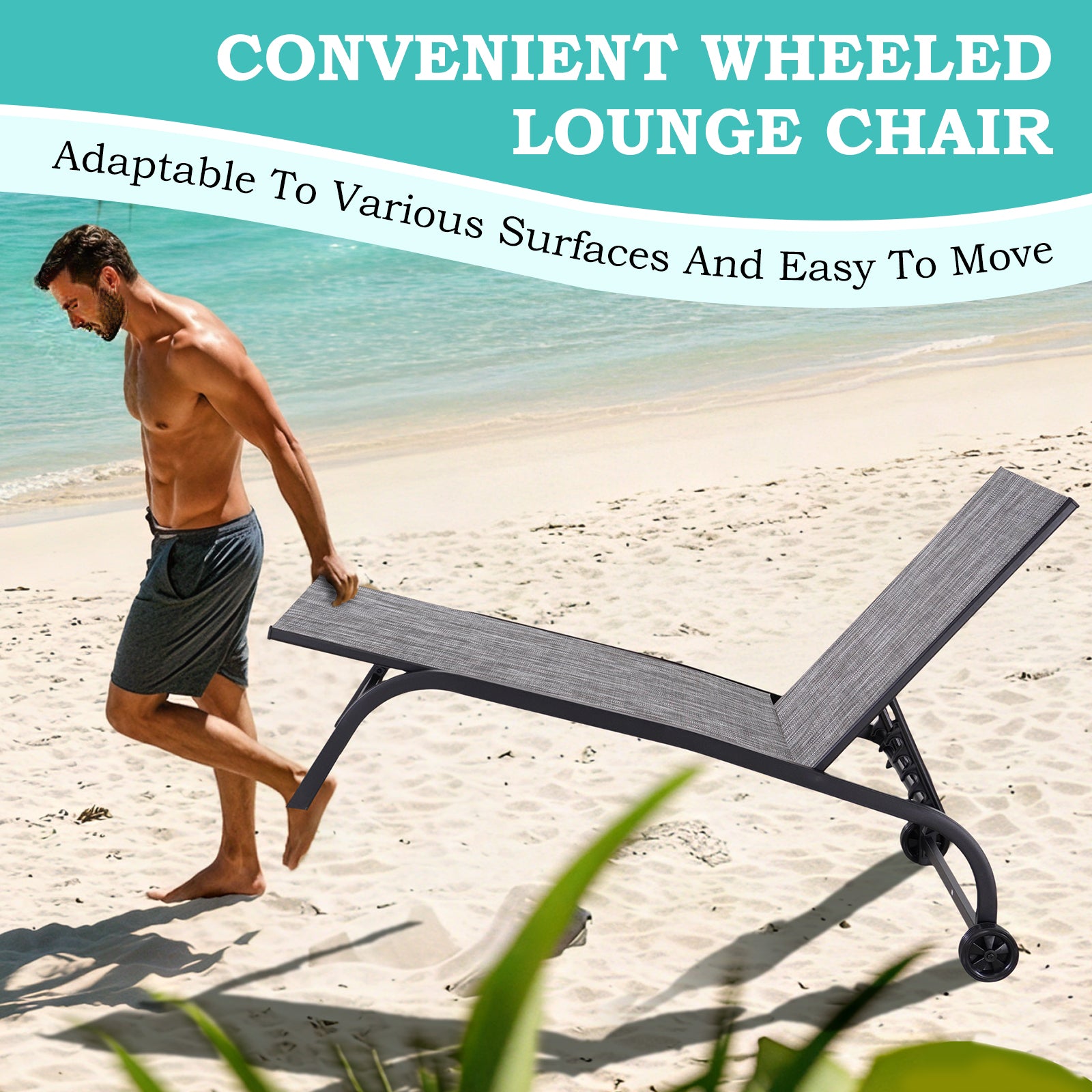 HOMREST  Oversized 26" W Patio Chaise Lounge Chair Set of 2 with Table, Adjustable Backrest & Wheels, Grey