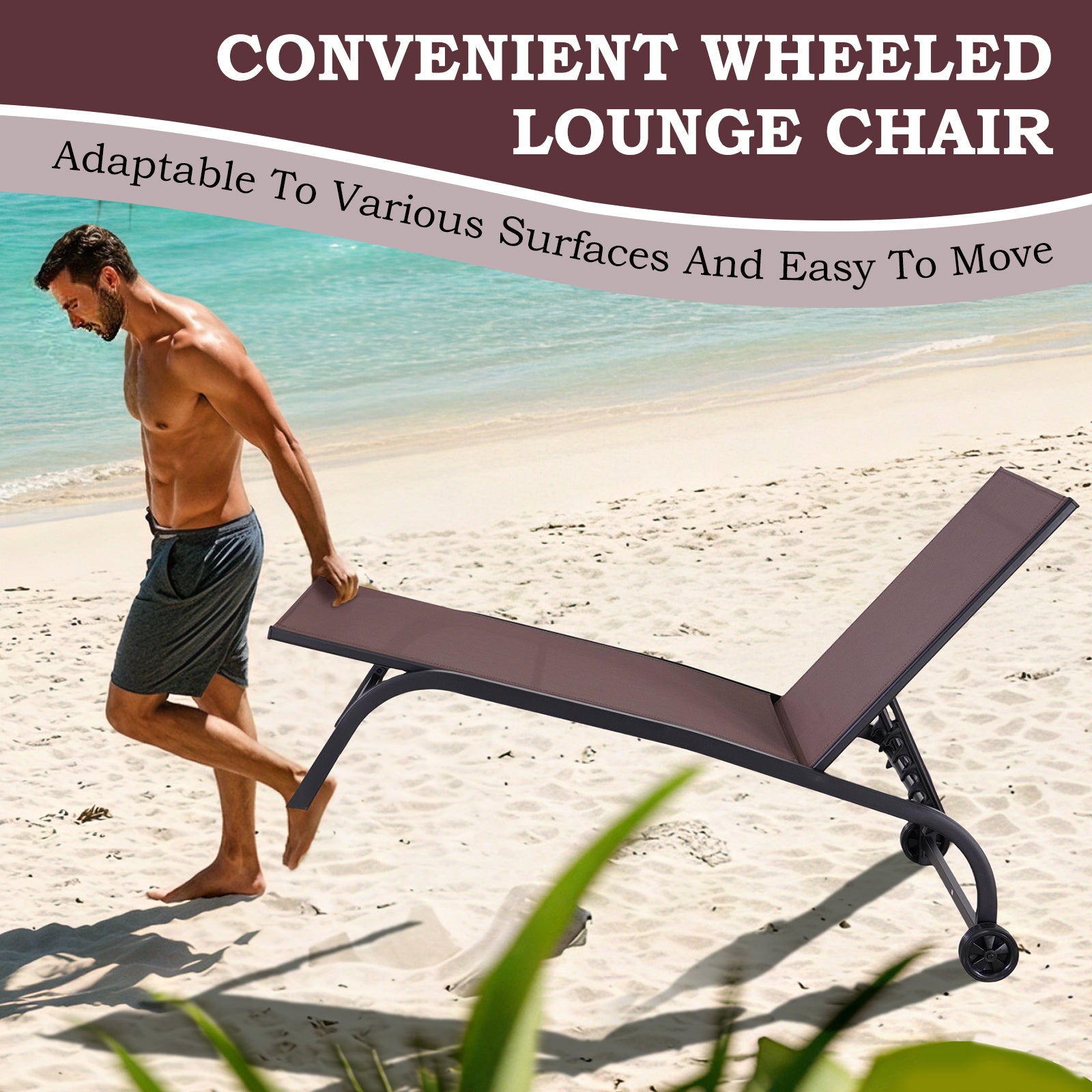 HOMREST  Oversized 26" W Patio Chaise Lounge Chair Set of 2 with Table, Adjustable Backrest & Wheels, Brown