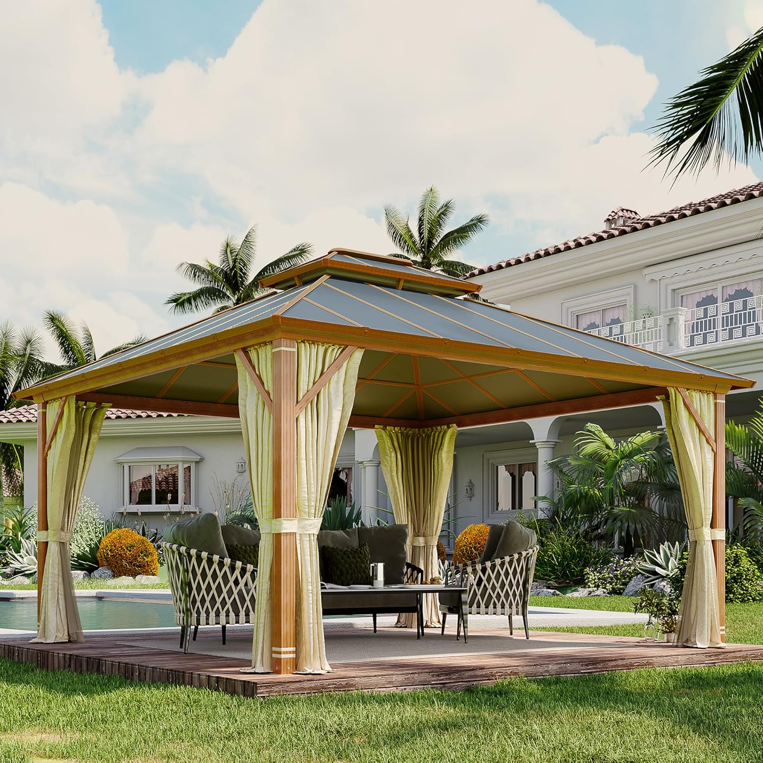 Homrest 12' x 14' Gazebo Outdoor Double Roof Aluminum Composite Canopy Aluminum Frame Pavilion with Curtains and Netting