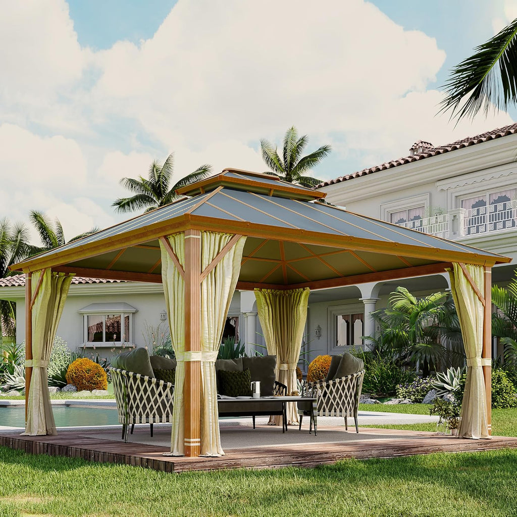 Homrest 12' x 14' Gazebo Outdoor Double Roof Aluminum Composite Canopy Aluminum Frame Pavilion with Curtains and Netting for Patio Lawn Garden Backyard